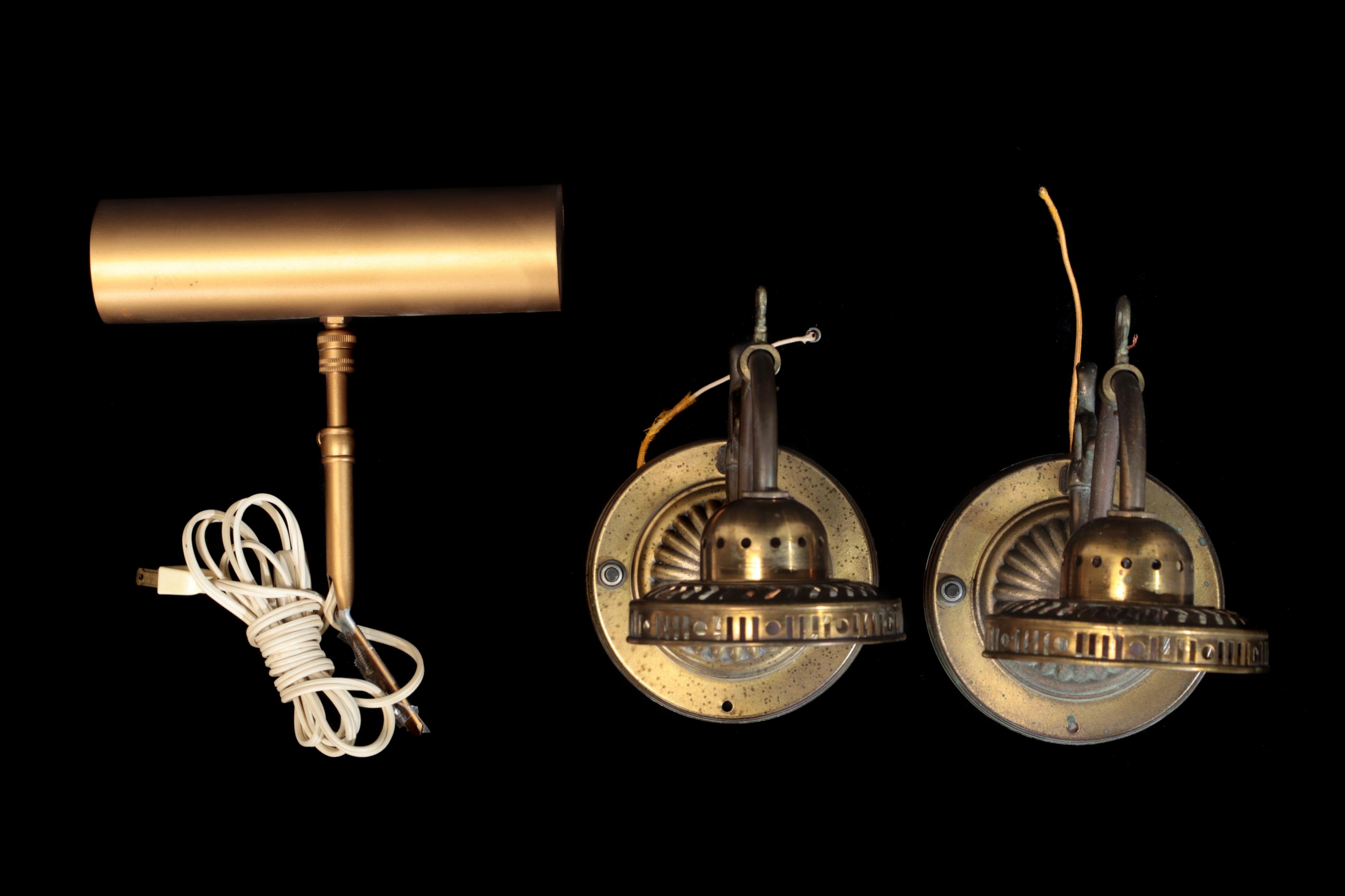 Colonial Style Brass Six-Light Chandelier with Glass Hurricanes and Wall Lamps