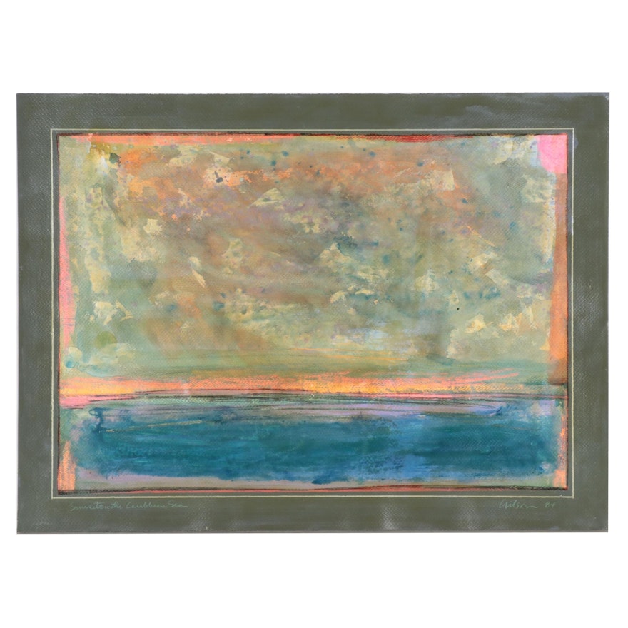 Harry Hilson Landscape Acrylic Painting "Sunset On The Caribbean Sea," 1984