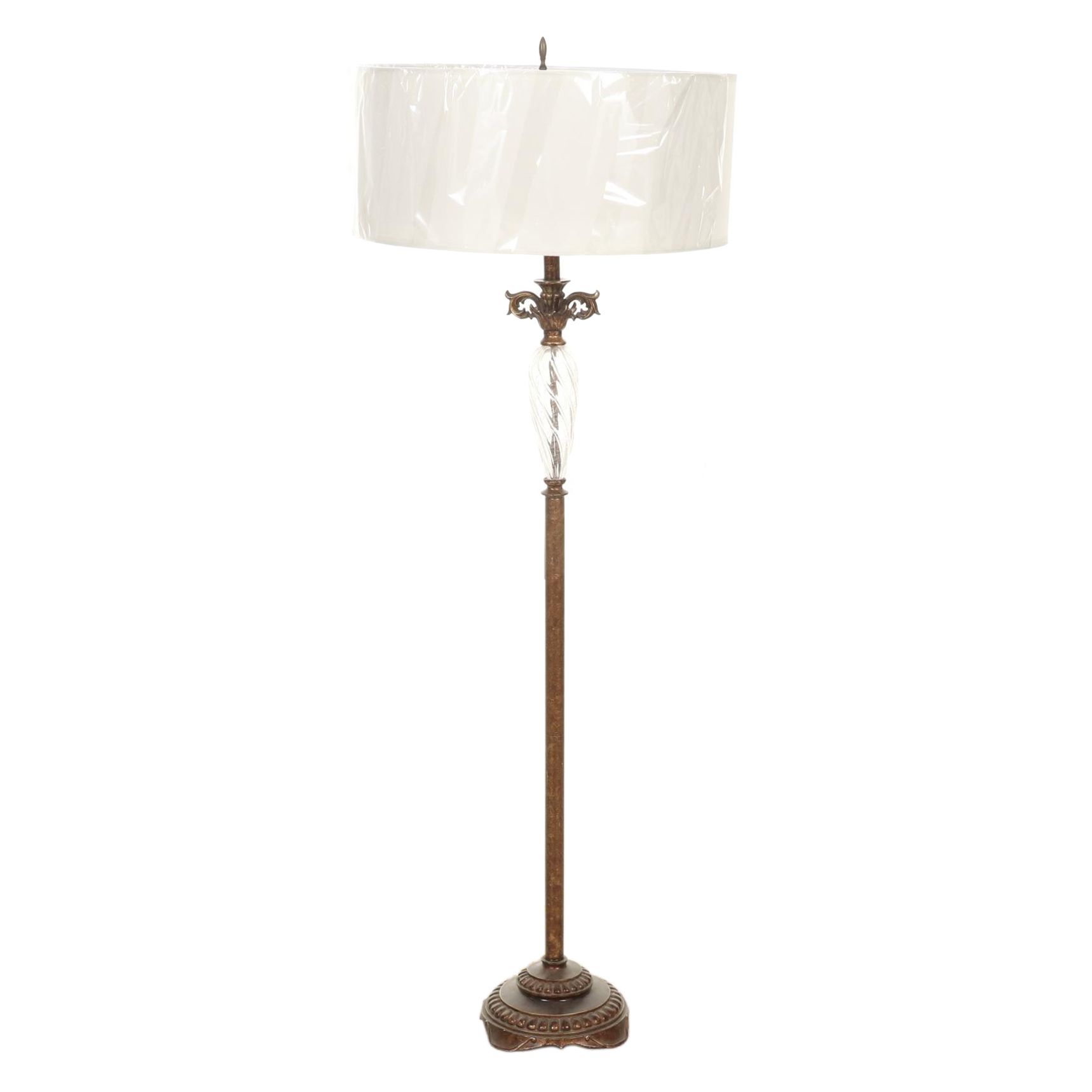Patinated Metal and Glass Floor Lamp With Drum Shade, Contemporary