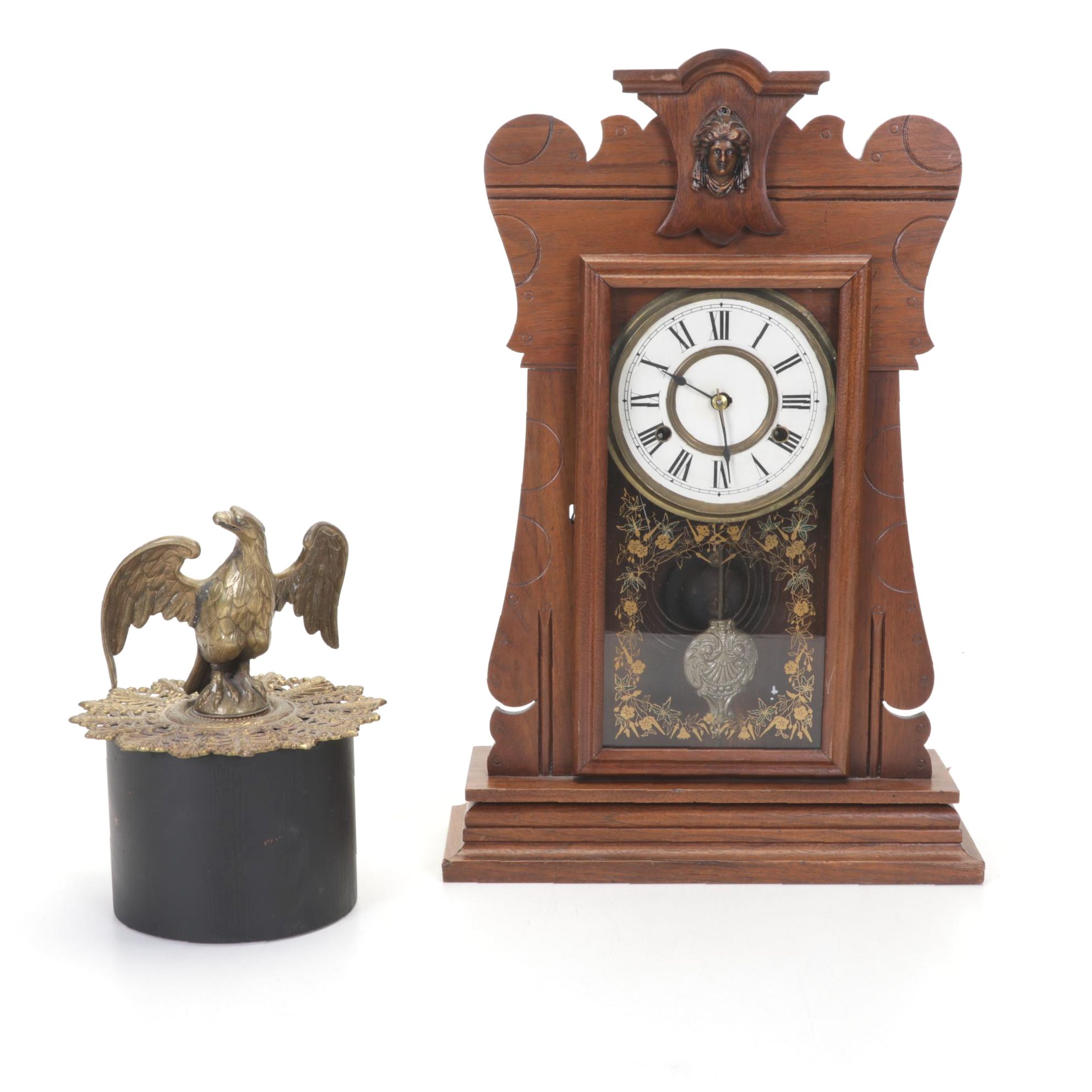 Brass Eagle Pediment and Wooden Mantel Clock, Late 19th to Early 20th Century