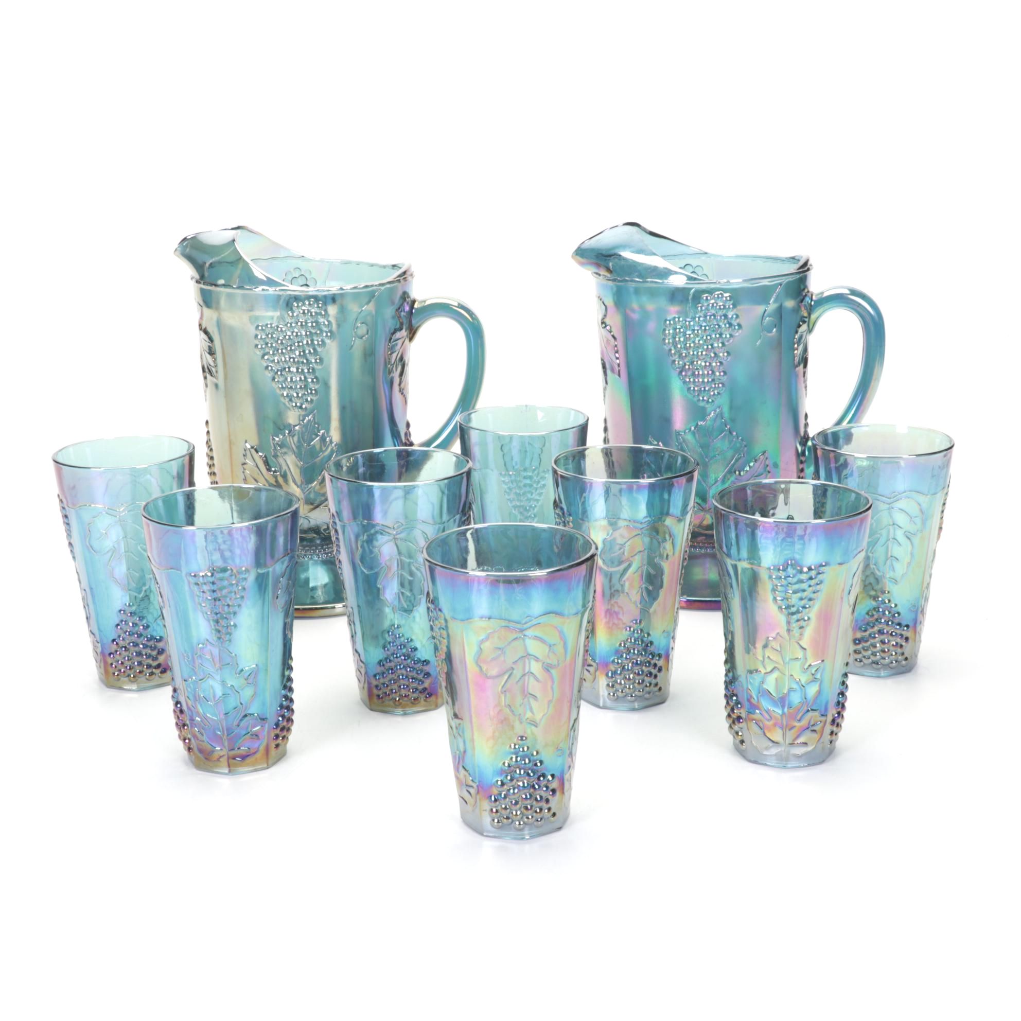 Colony Glass "Harvest" Iridescent Blue Carnival Glass Pitcher and Tumblers