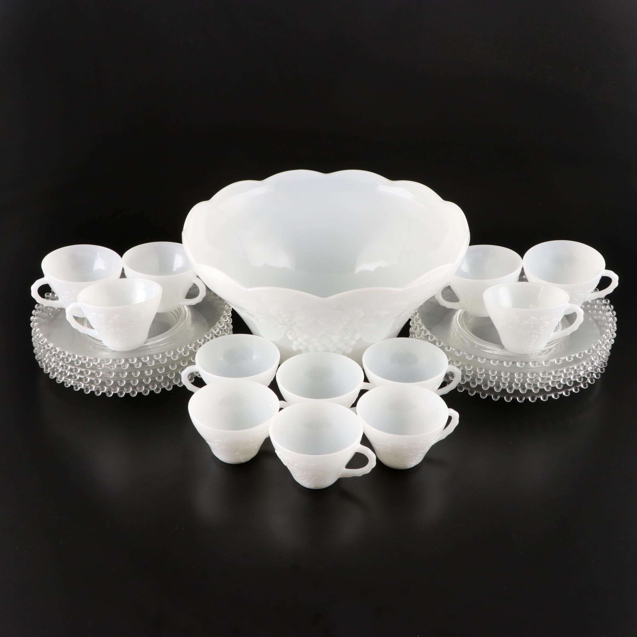 Anchor Hocking Milk Glass Punch Bowl and Cups with "Candlewick" Glass Plates