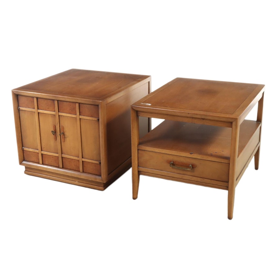 Two Drexel "Meridian" Mid Century Modern Butternut and Pecan Side Tables