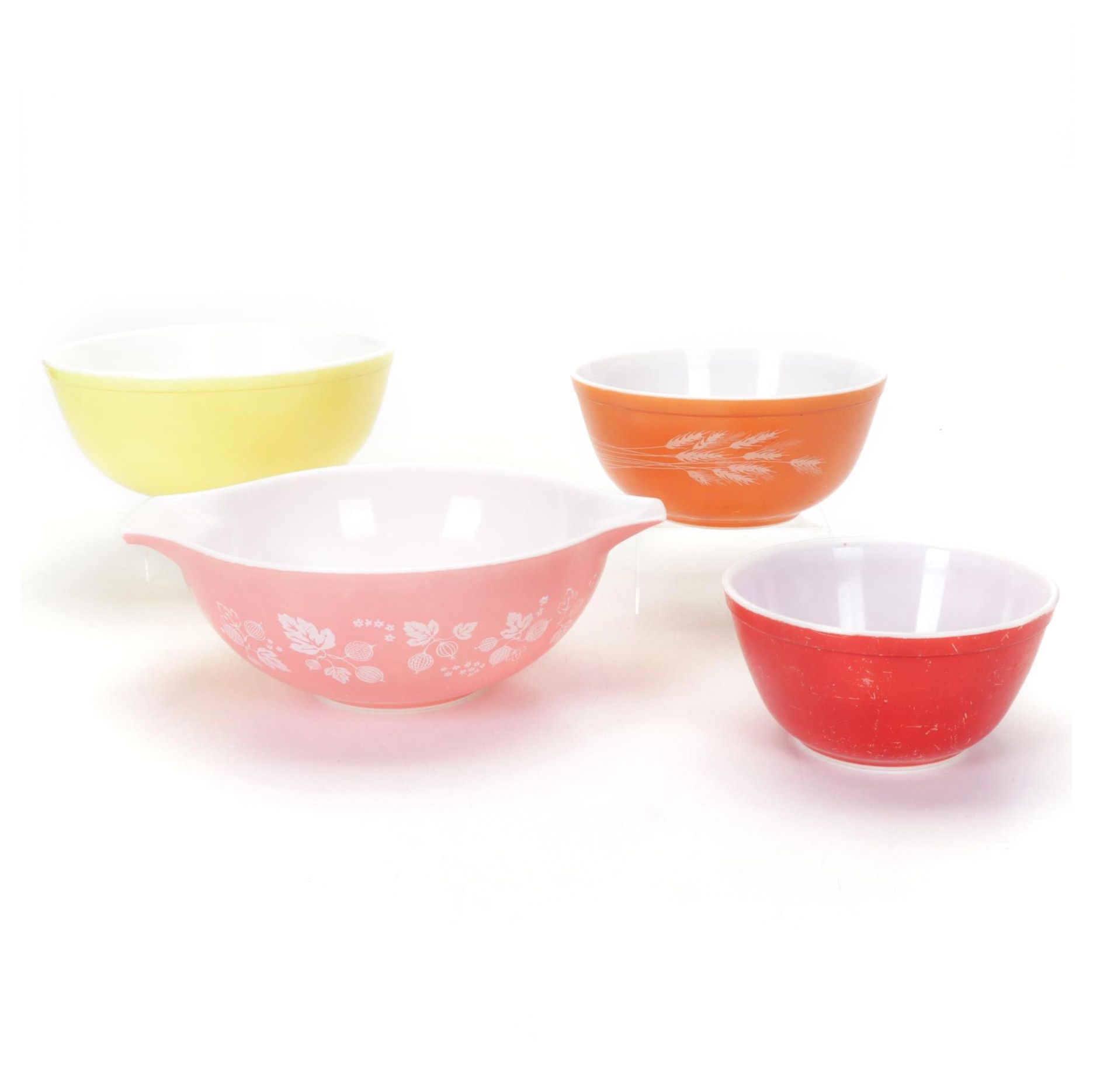Pyrex "Primary Colors," "Autumn Harvest," and "Gooseberry Pink" Mixing Bowls