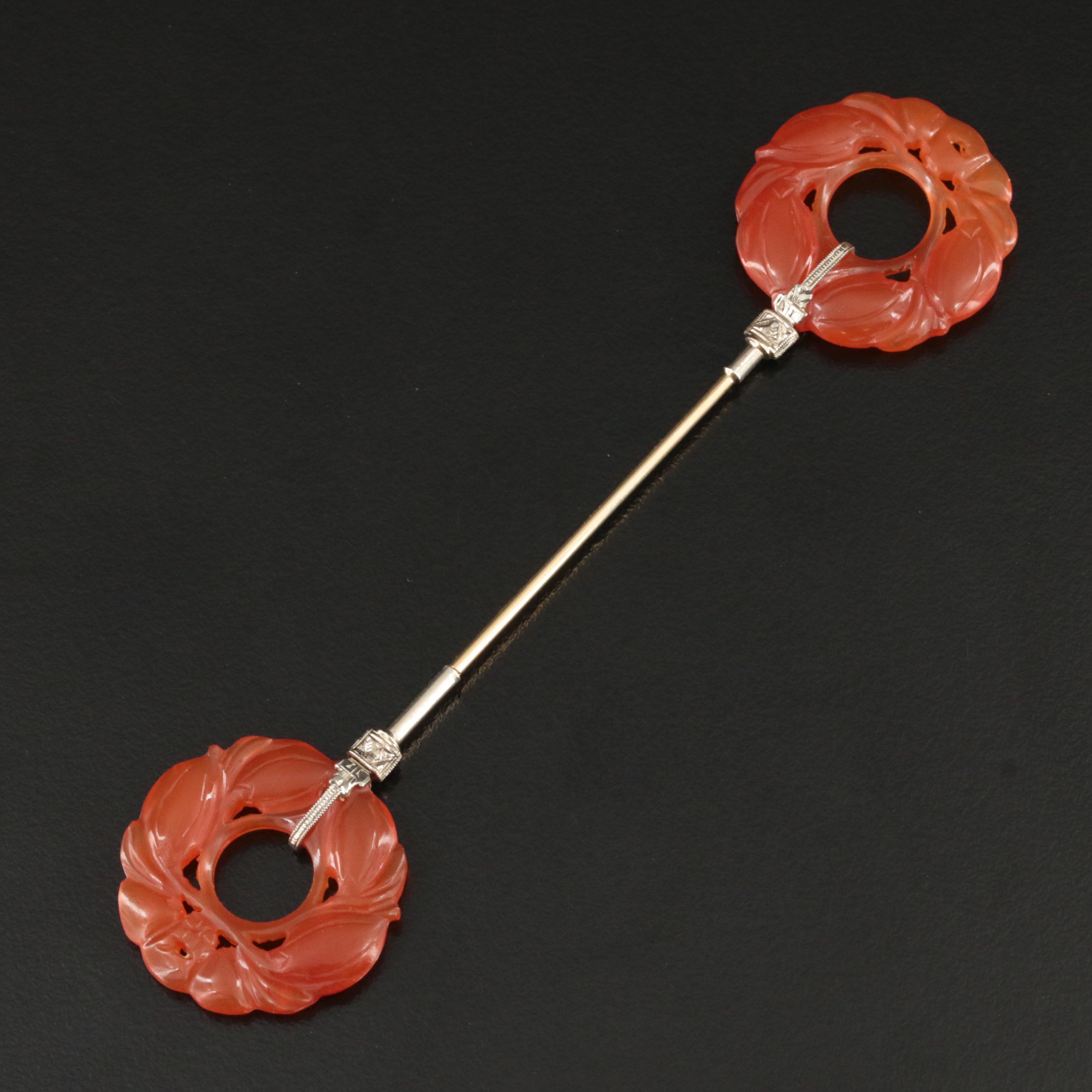Art Deco 14K Carved Carnelian Jabot Pin