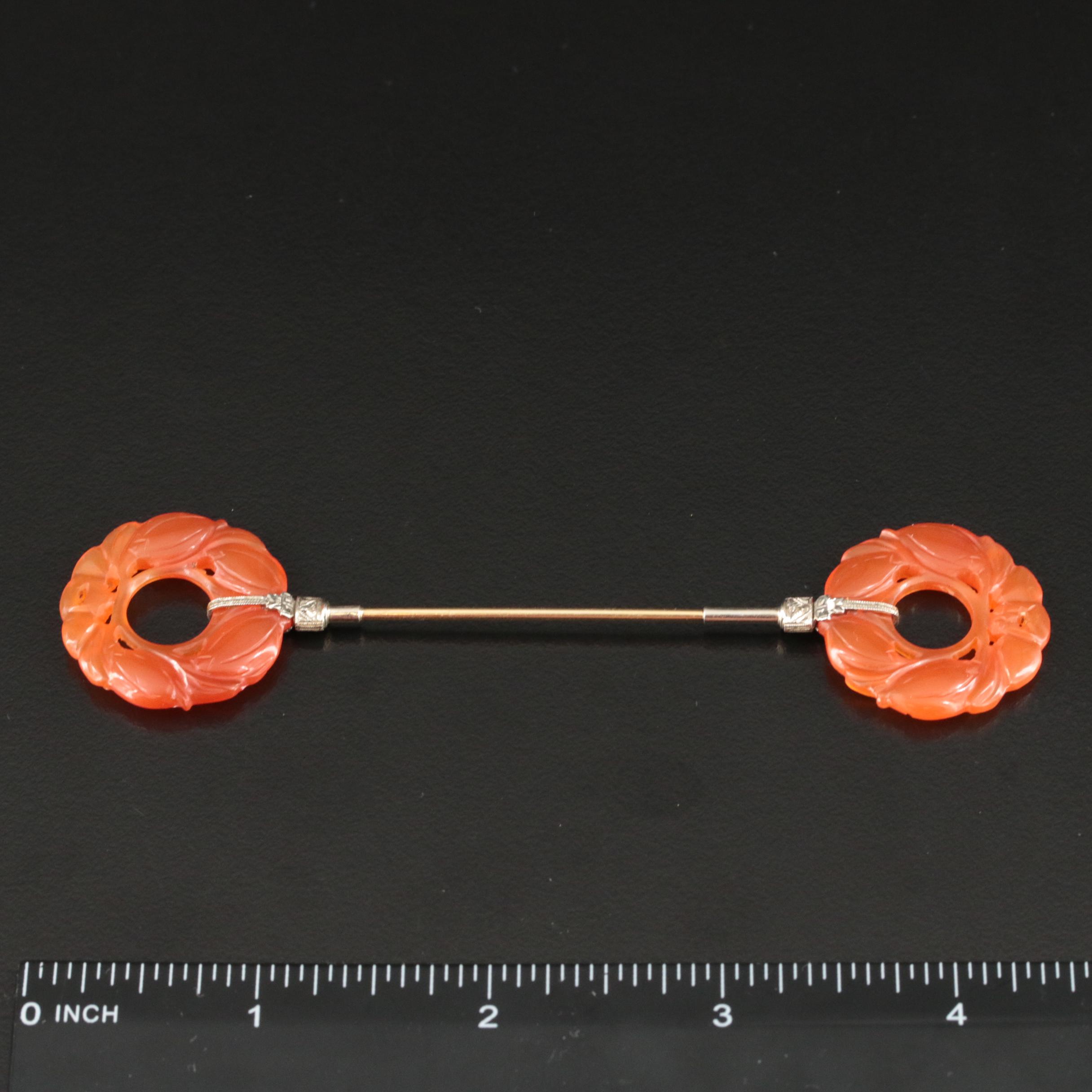 Art Deco 14K Carved Carnelian Jabot Pin