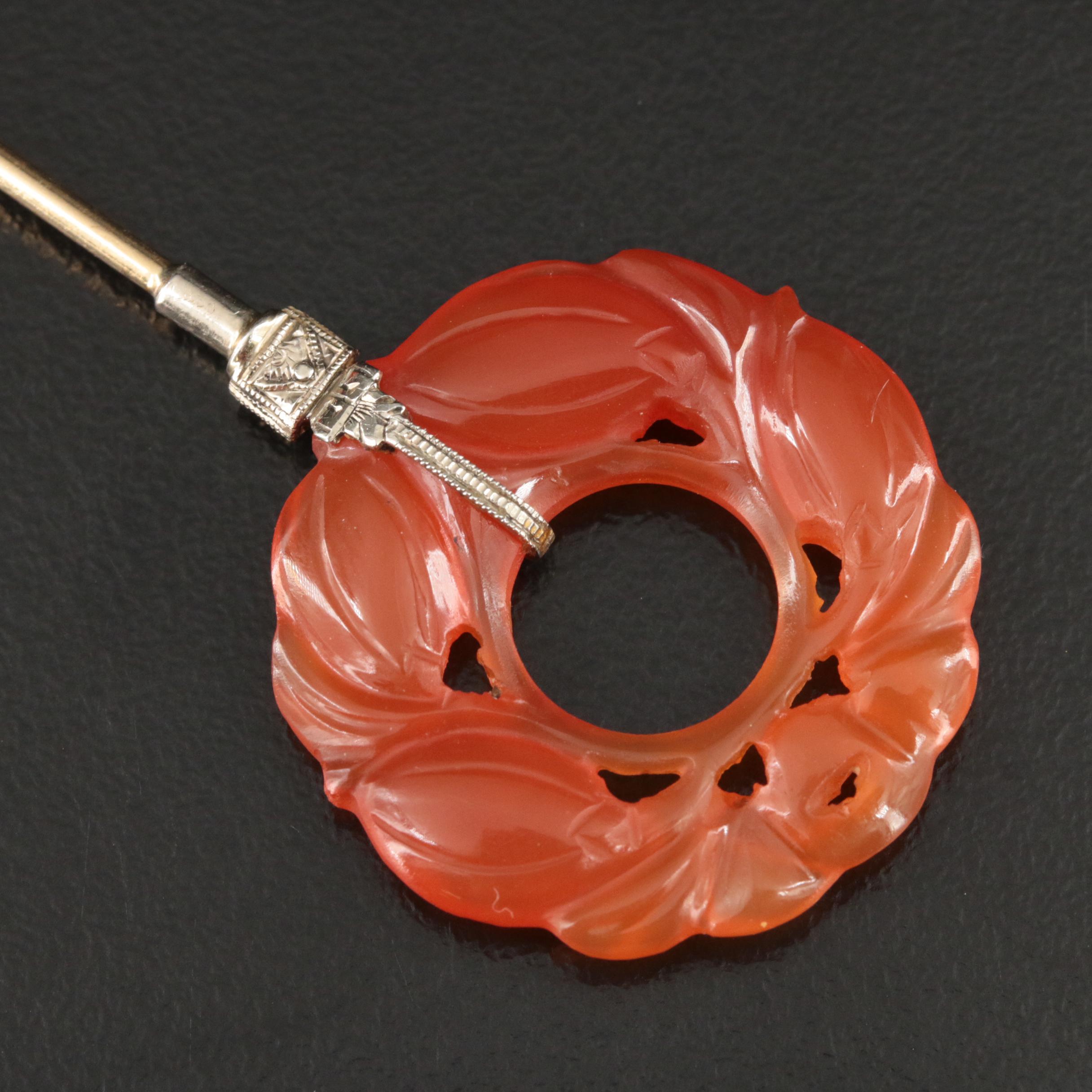 Art Deco 14K Carved Carnelian Jabot Pin
