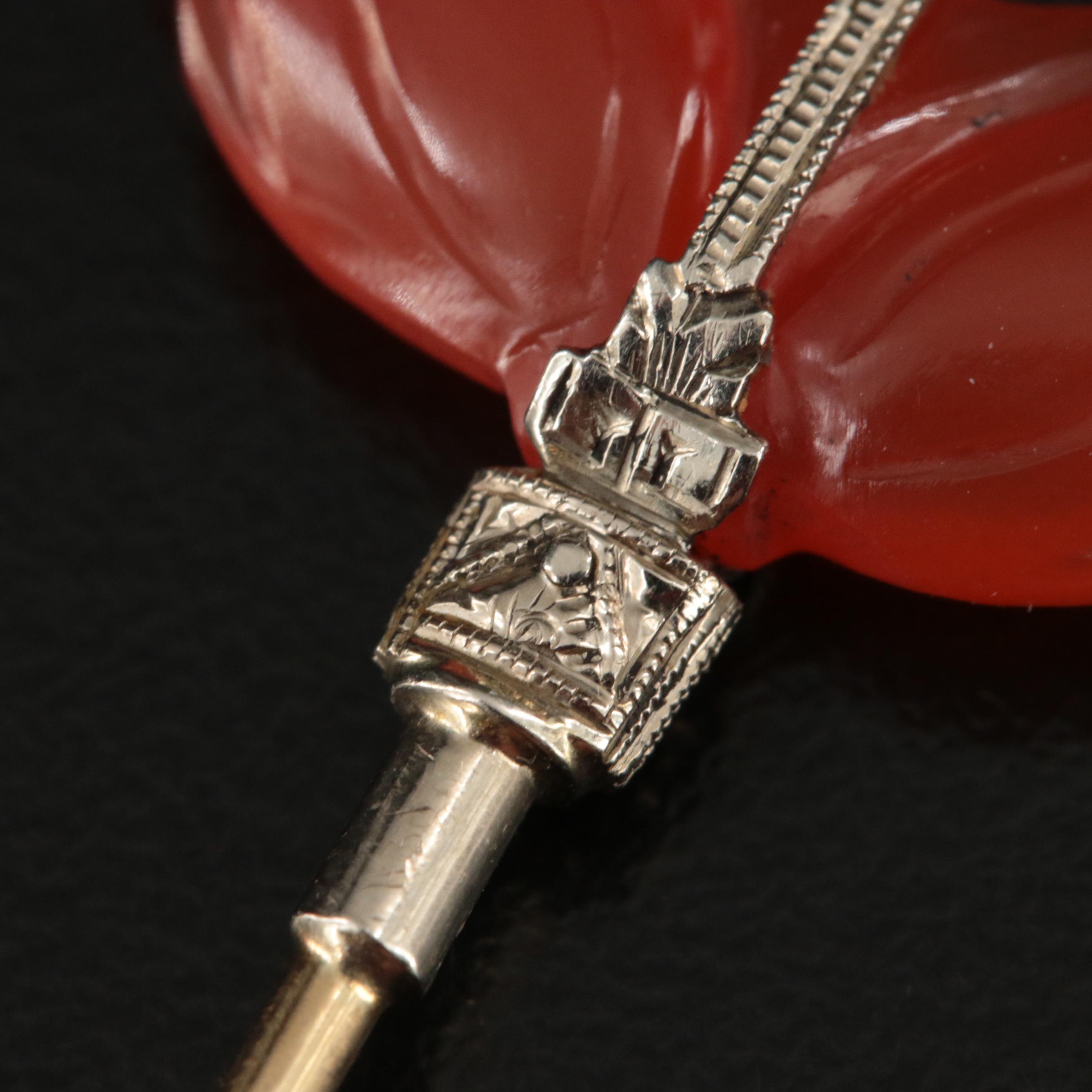 Art Deco 14K Carved Carnelian Jabot Pin