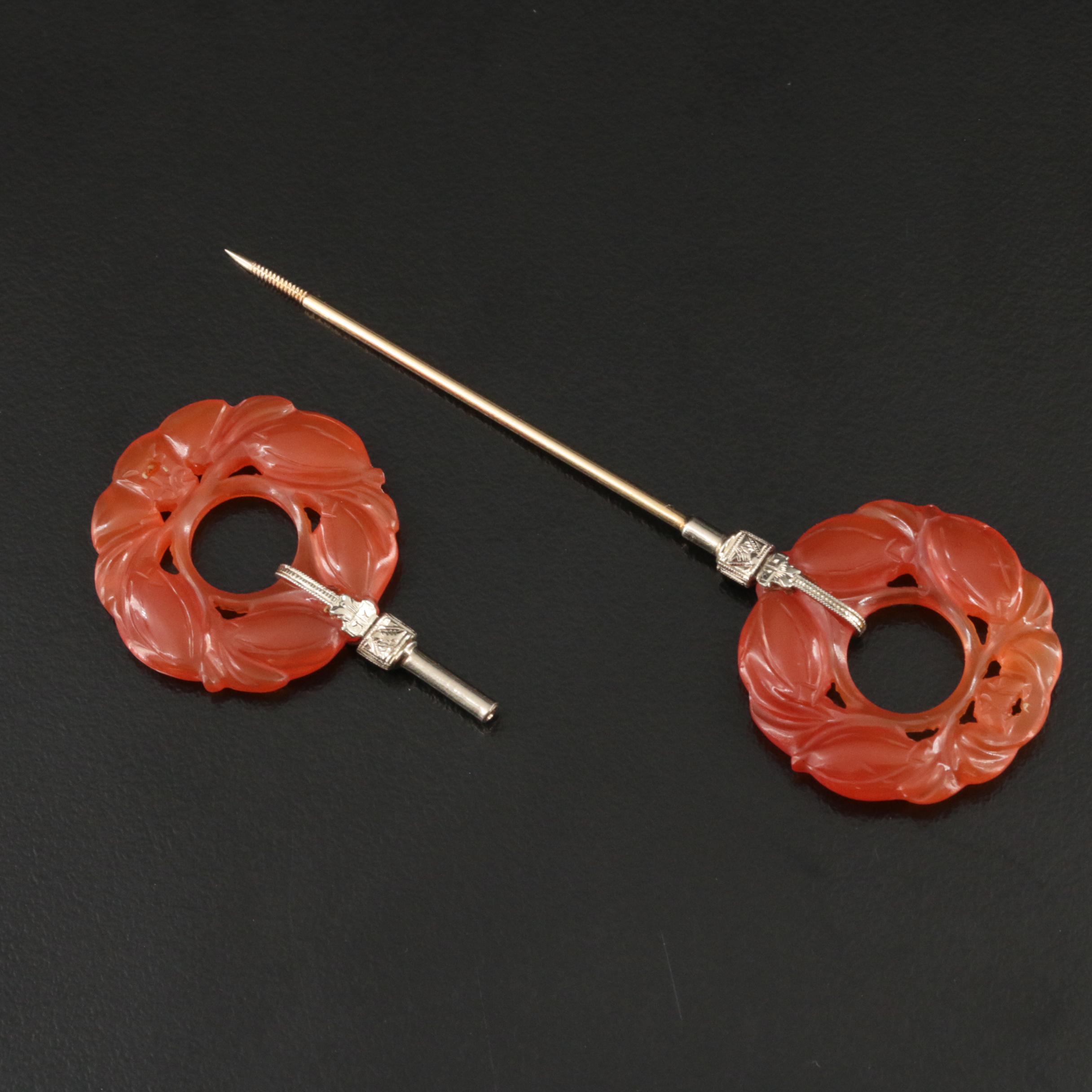 Art Deco 14K Carved Carnelian Jabot Pin