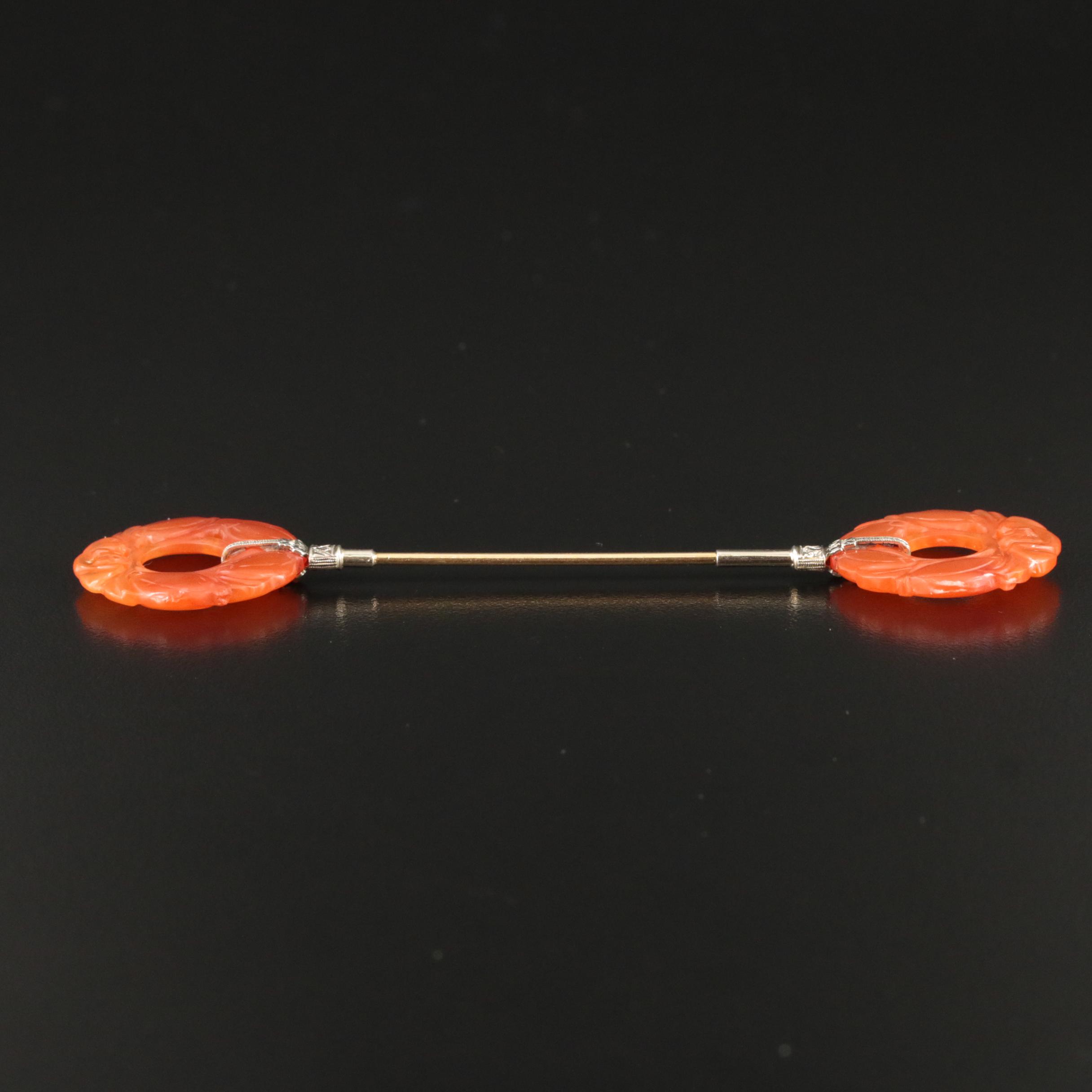 Art Deco 14K Carved Carnelian Jabot Pin