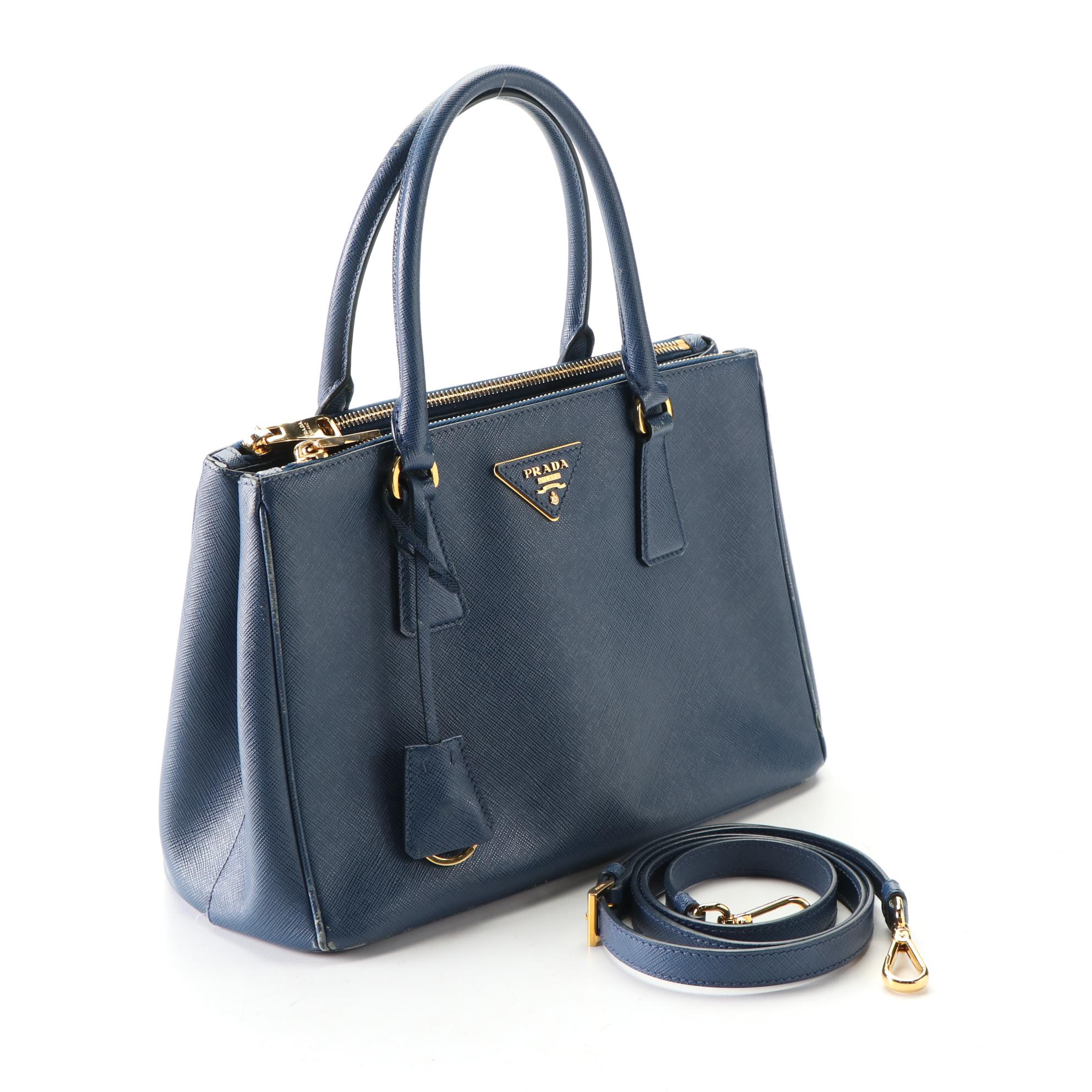 Prada Galleria Small Double Zip Tote in Blue Saffiano Leather