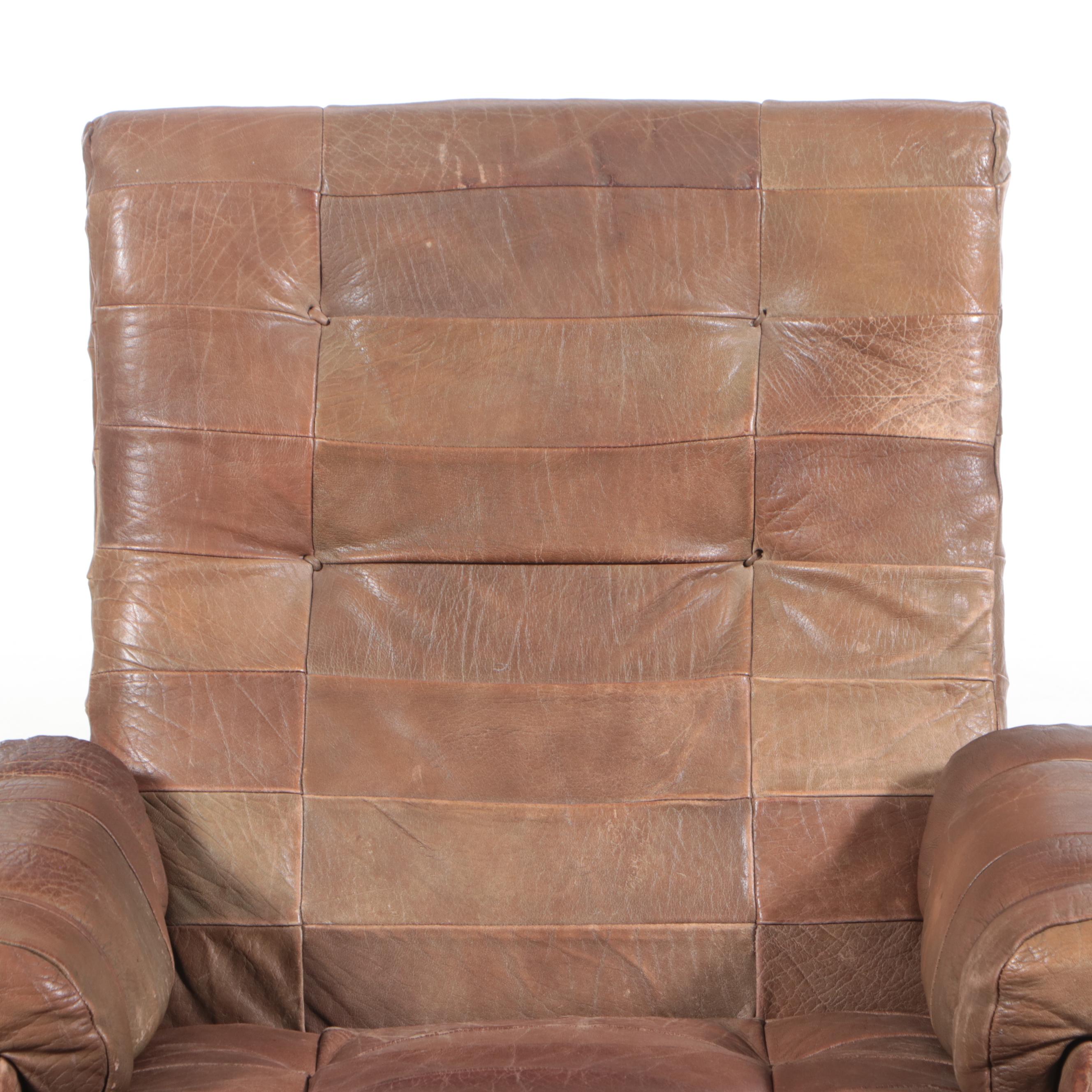 Scandinavian Brown Patchwork Leather Upholstered Lounge Chair