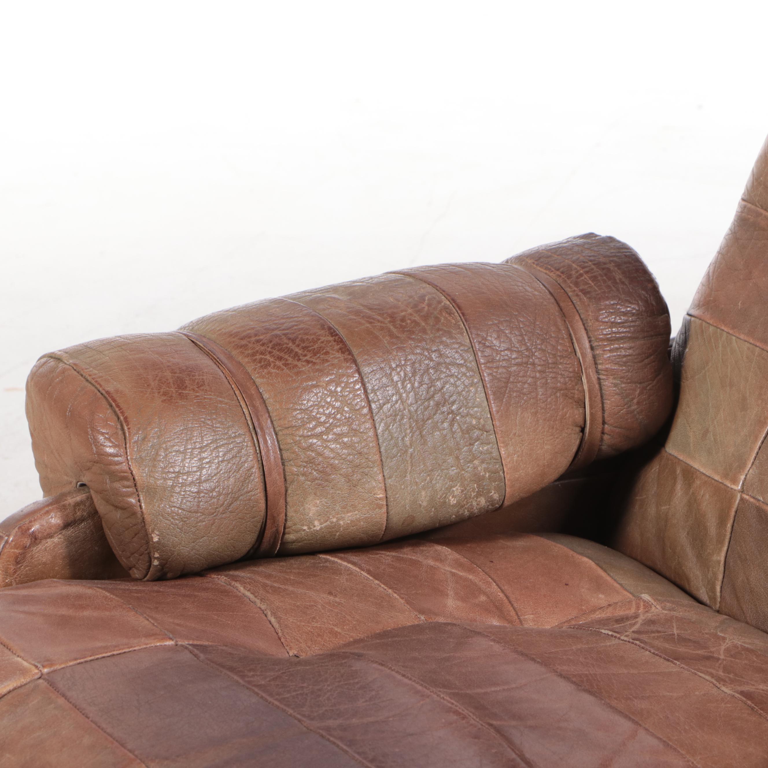 Scandinavian Brown Patchwork Leather Upholstered Lounge Chair