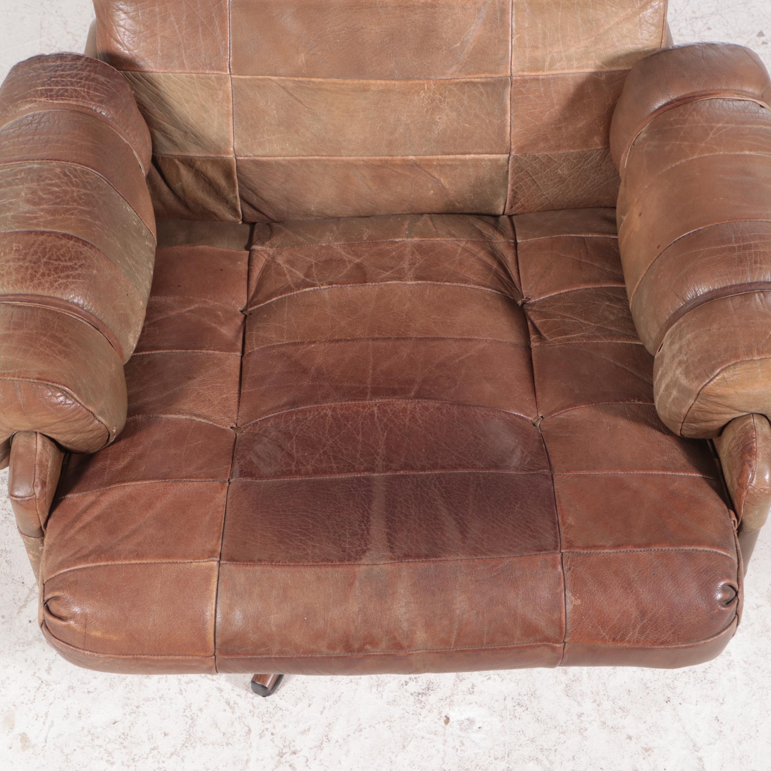 Scandinavian Brown Patchwork Leather Upholstered Lounge Chair