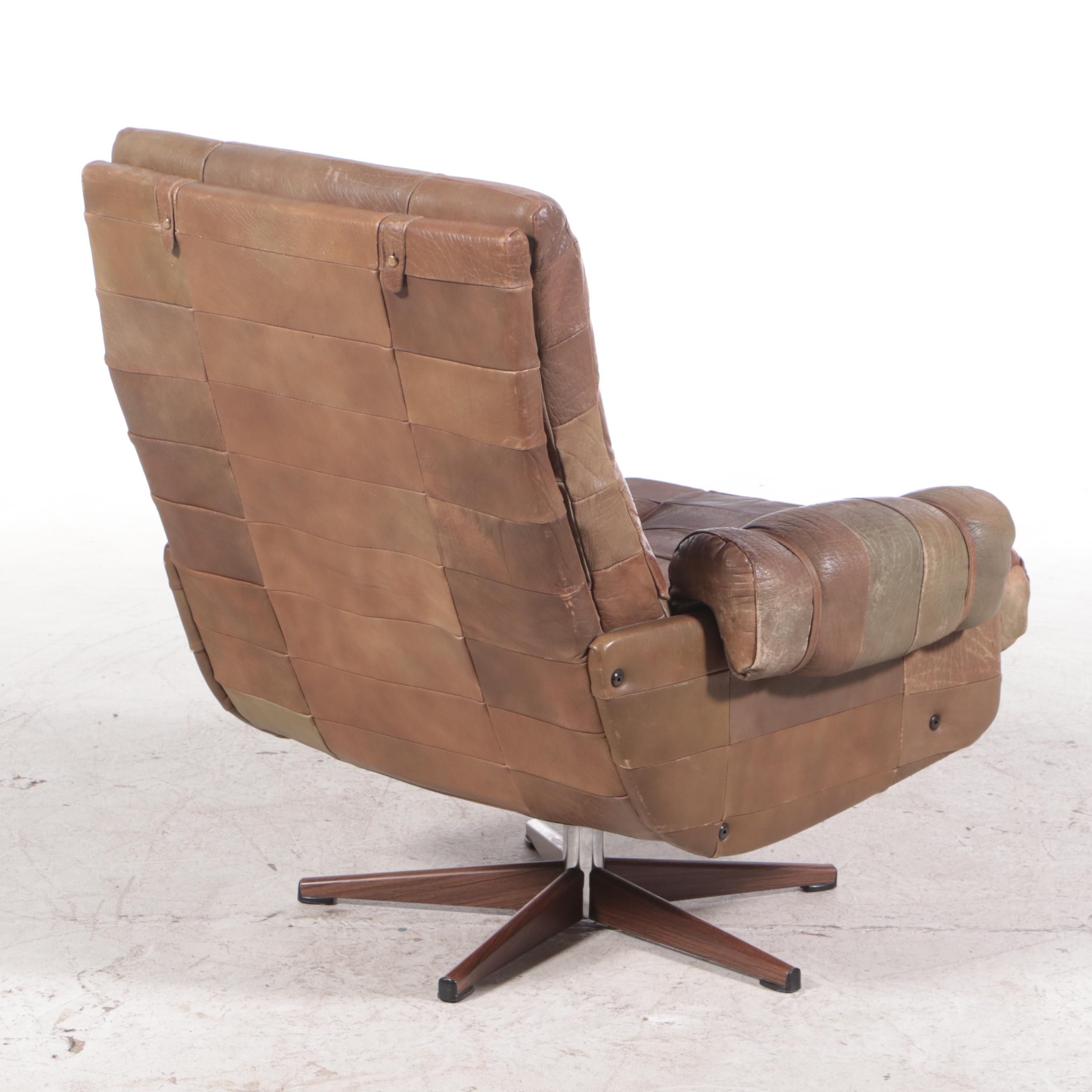 Scandinavian Brown Patchwork Leather Upholstered Lounge Chair