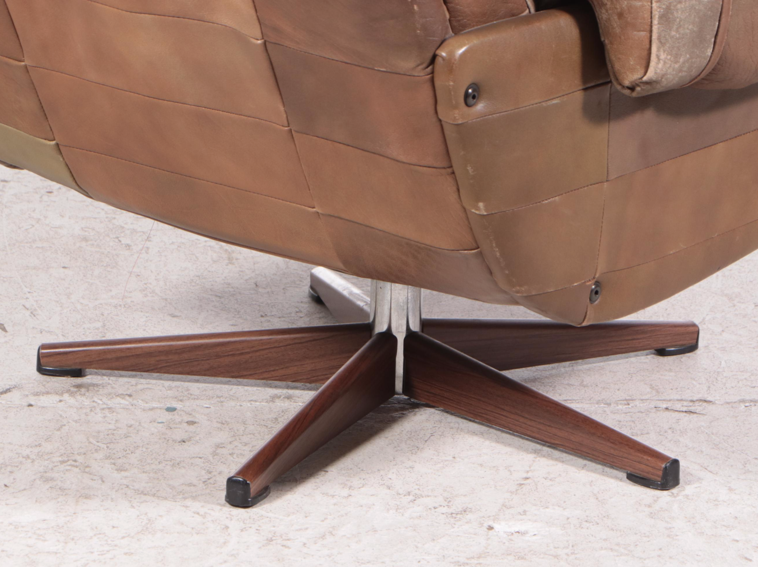 Scandinavian Brown Patchwork Leather Upholstered Lounge Chair