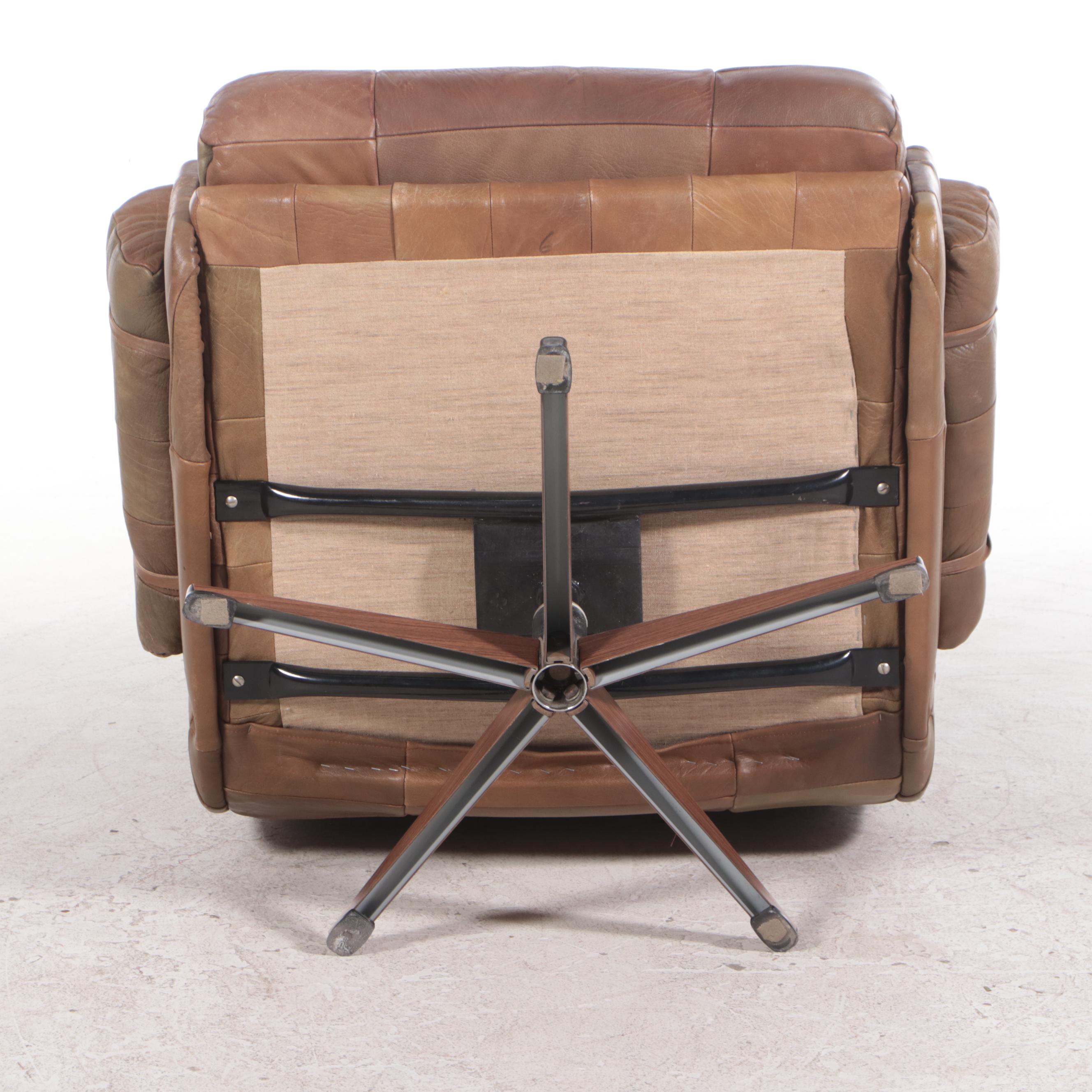 Scandinavian Brown Patchwork Leather Upholstered Lounge Chair