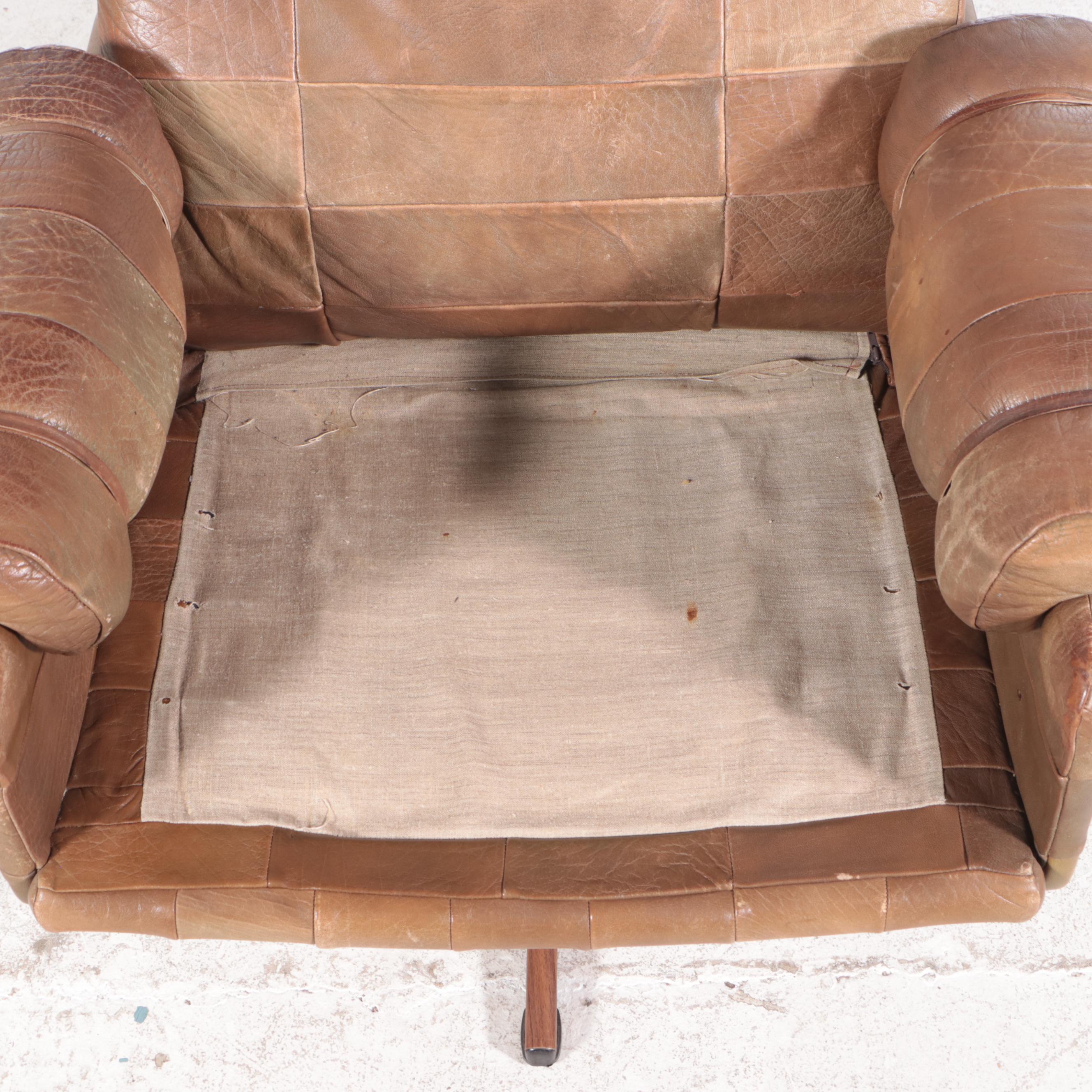 Scandinavian Brown Patchwork Leather Upholstered Lounge Chair