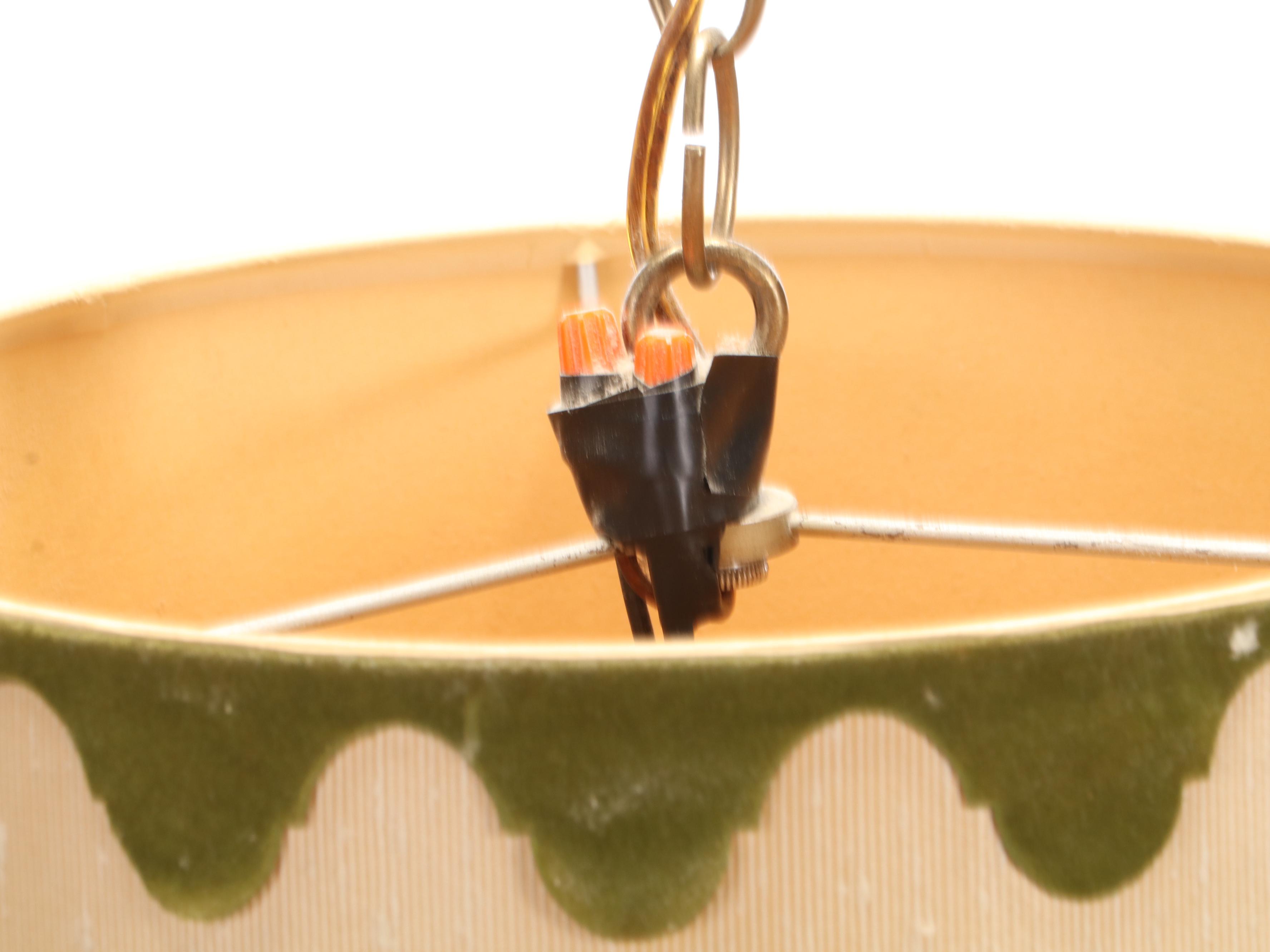 Mid Century Modern Green Glass Pendant Light With Velvet Accented Drum Shade