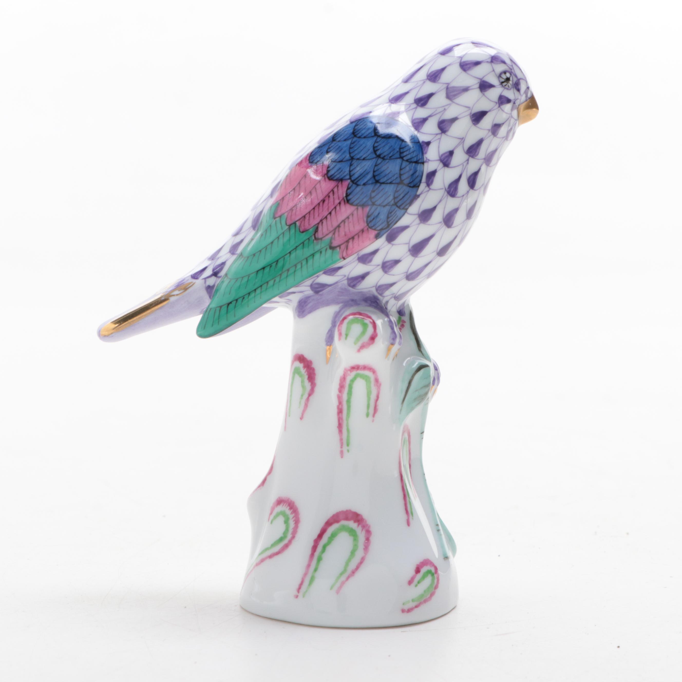 Herend 175th Anniversary Lilac Fishnet with Gold "Small Bird" Porcelain Figurine