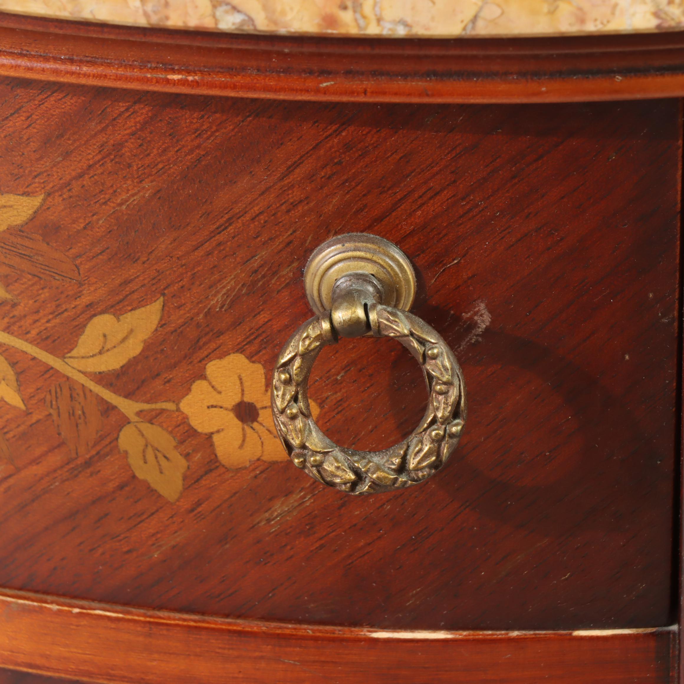 Louis XV Style Marquetry and Marble Top Demilune Petite Commode, 20th Century