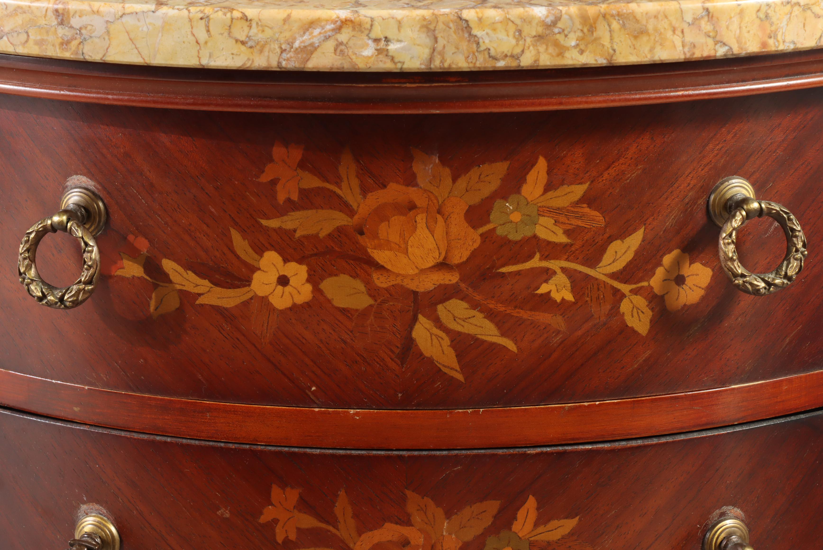 Louis XV Style Marquetry and Marble Top Demilune Petite Commode, 20th Century