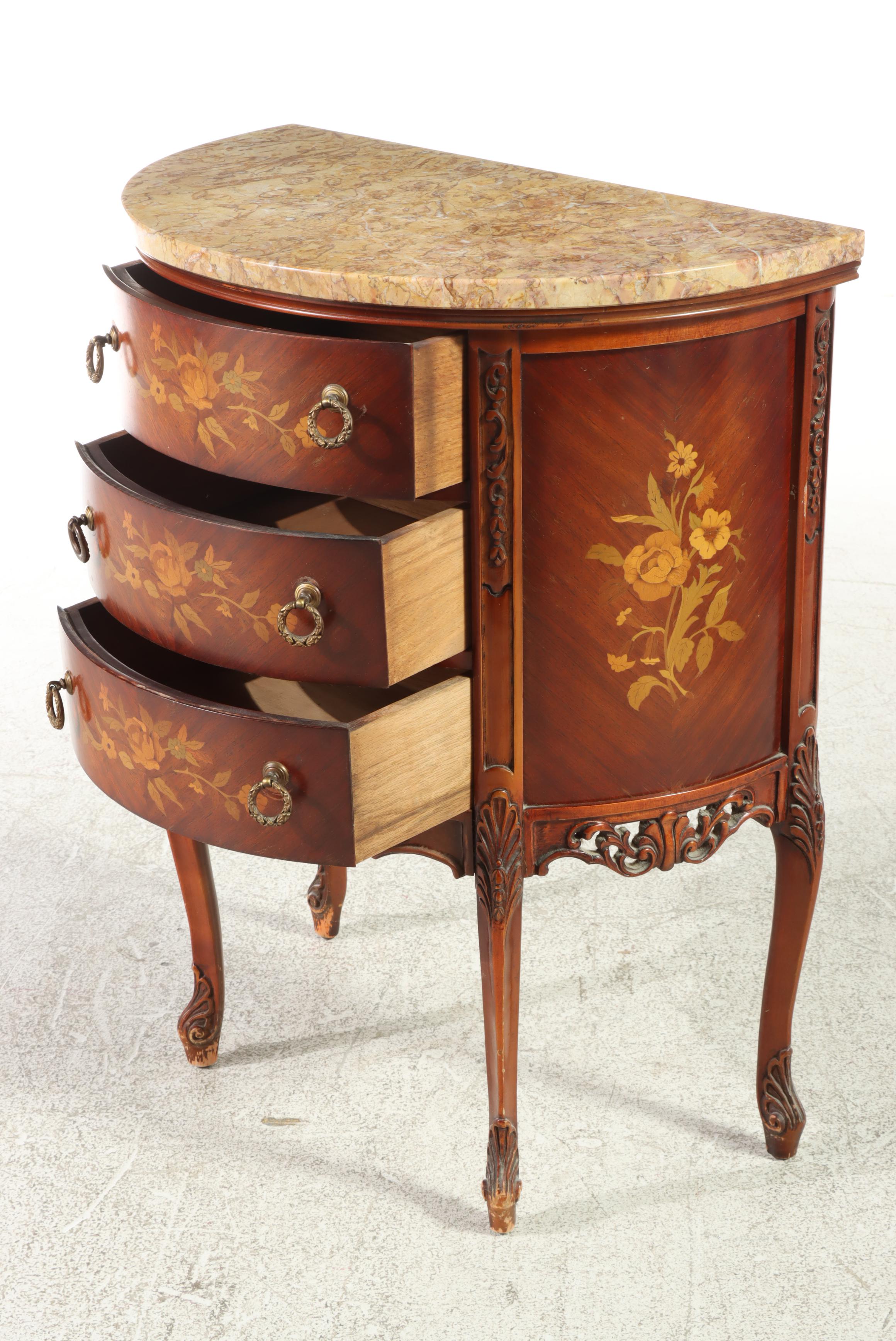 Louis XV Style Marquetry and Marble Top Demilune Petite Commode, 20th Century