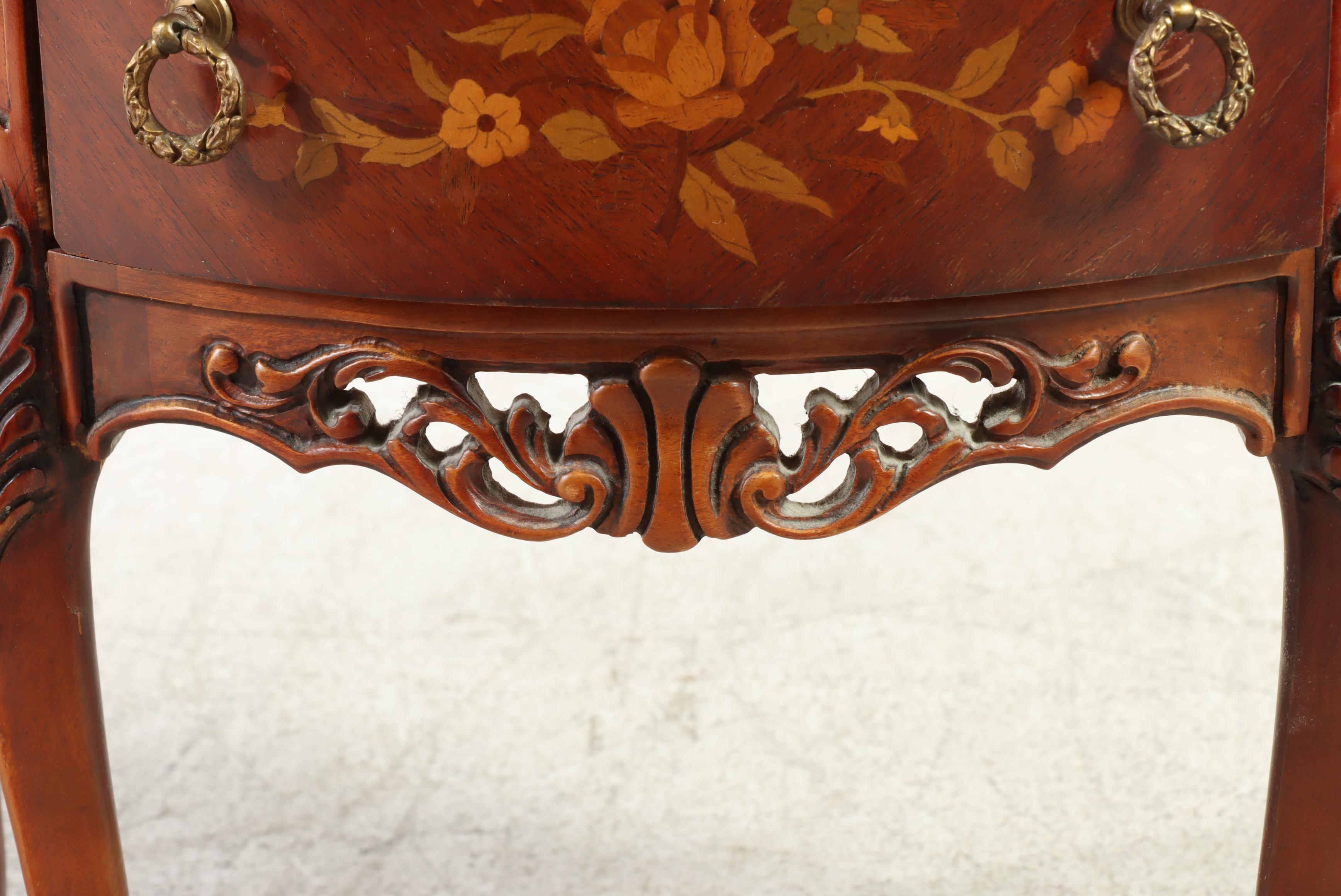 Louis XV Style Marquetry and Marble Top Demilune Petite Commode, 20th Century