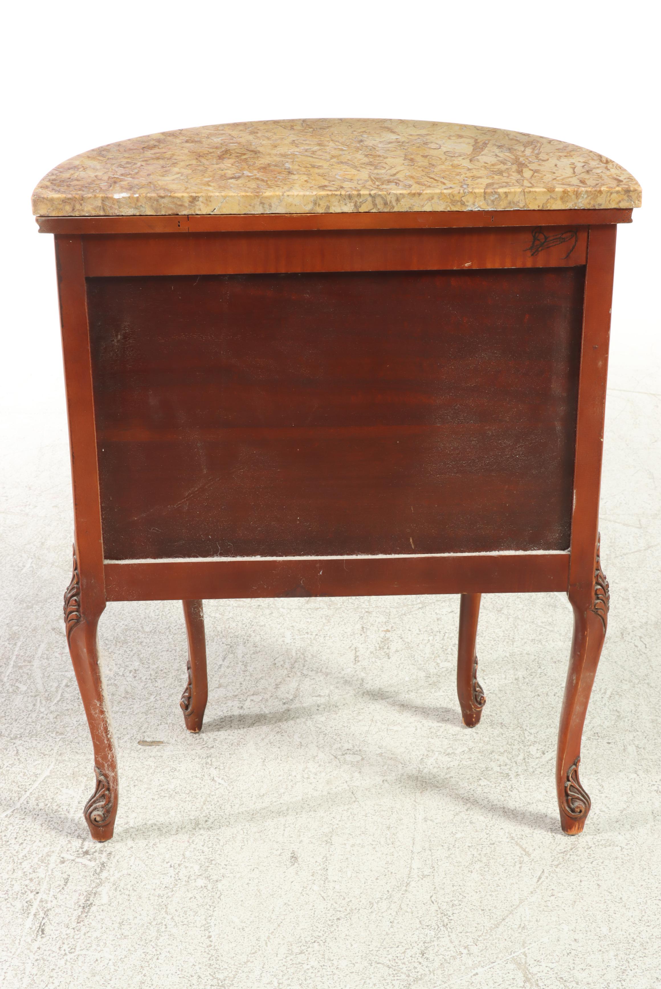 Louis XV Style Marquetry and Marble Top Demilune Petite Commode, 20th Century