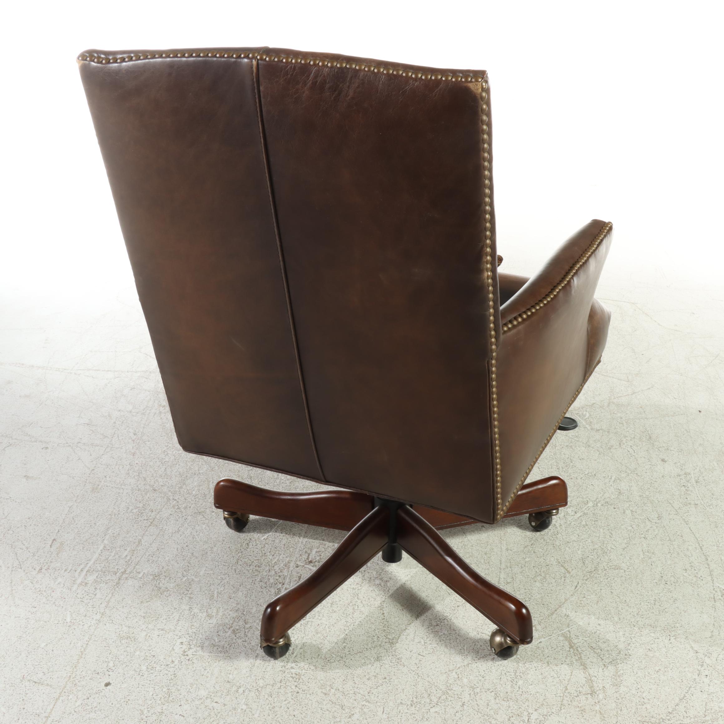 Hooker Furniture Brown Leather Swivel-Tilt Adjustable Desk Chair with Nailheads