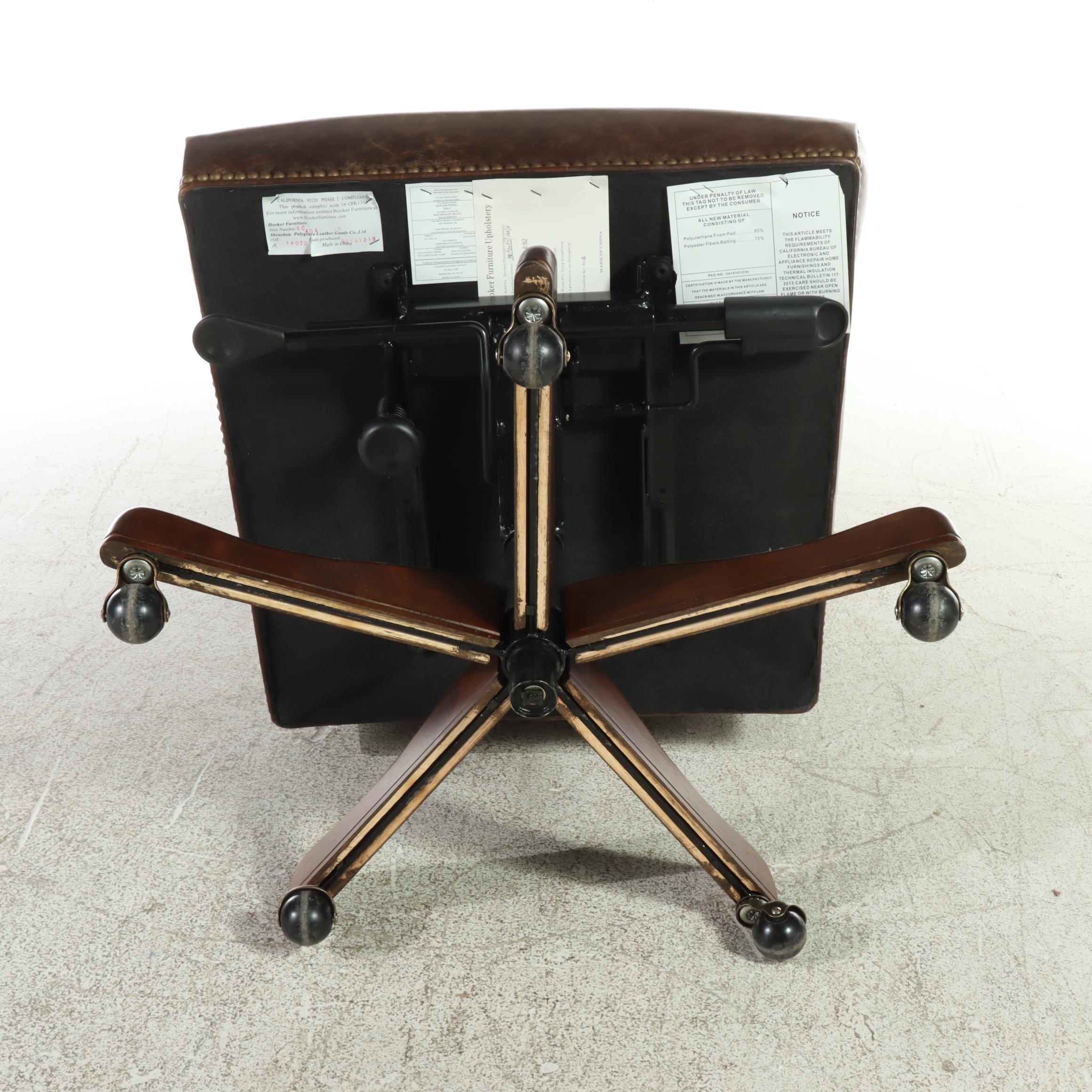 Hooker Furniture Brown Leather Swivel-Tilt Adjustable Desk Chair with Nailheads