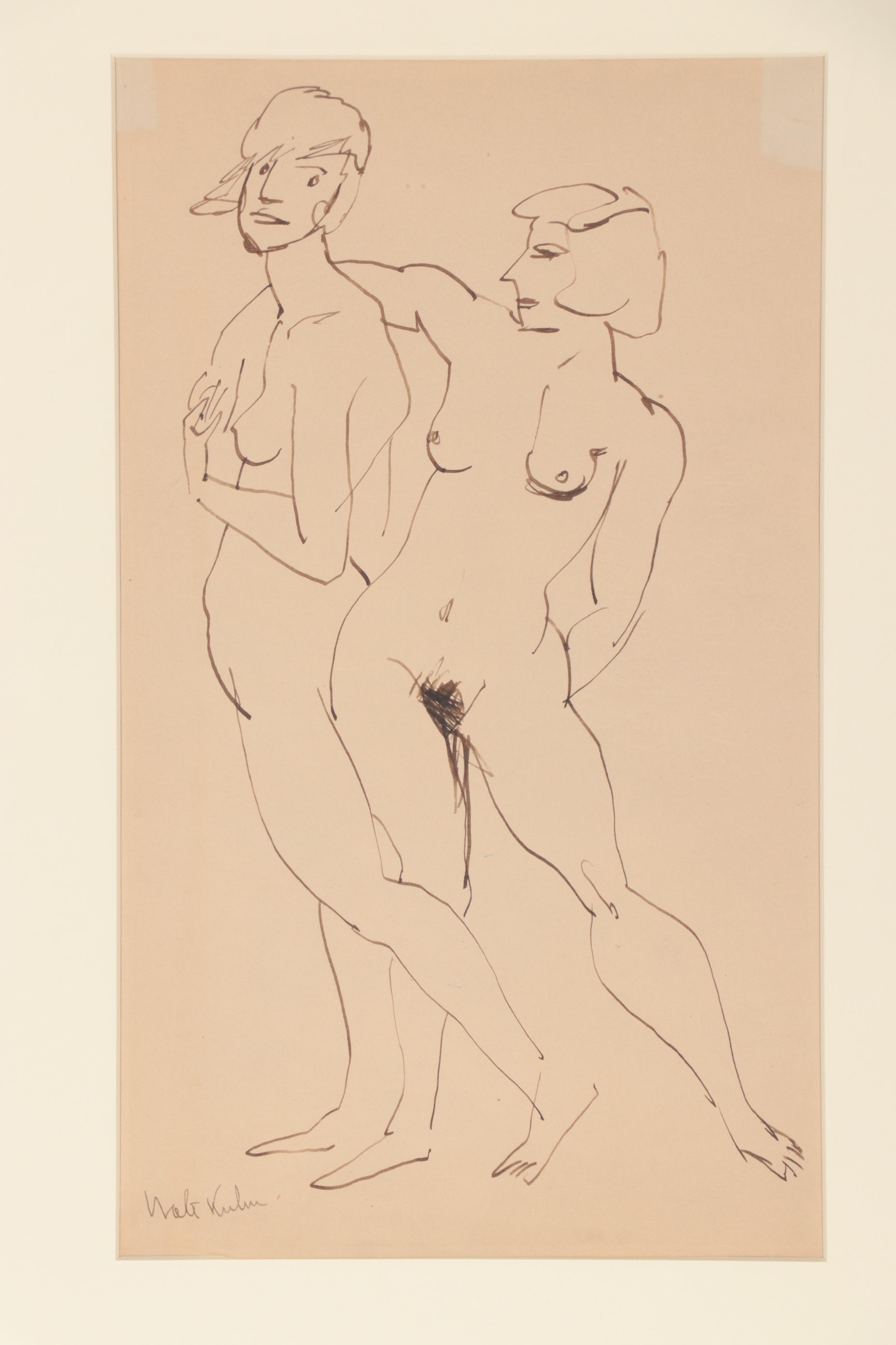 Walt Kuhn Ink Drawing "Two Nude Women Standing"