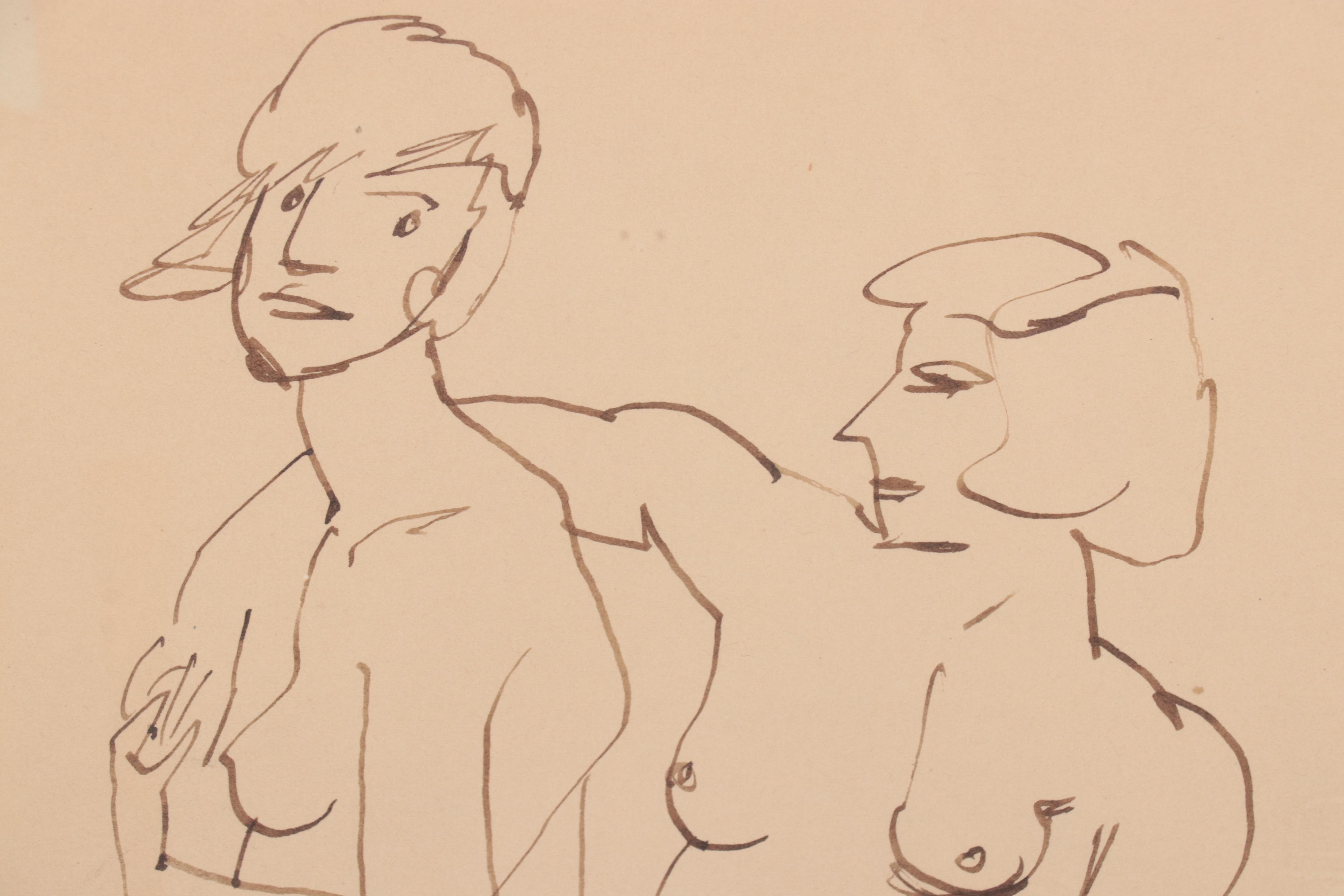 Walt Kuhn Ink Drawing "Two Nude Women Standing"