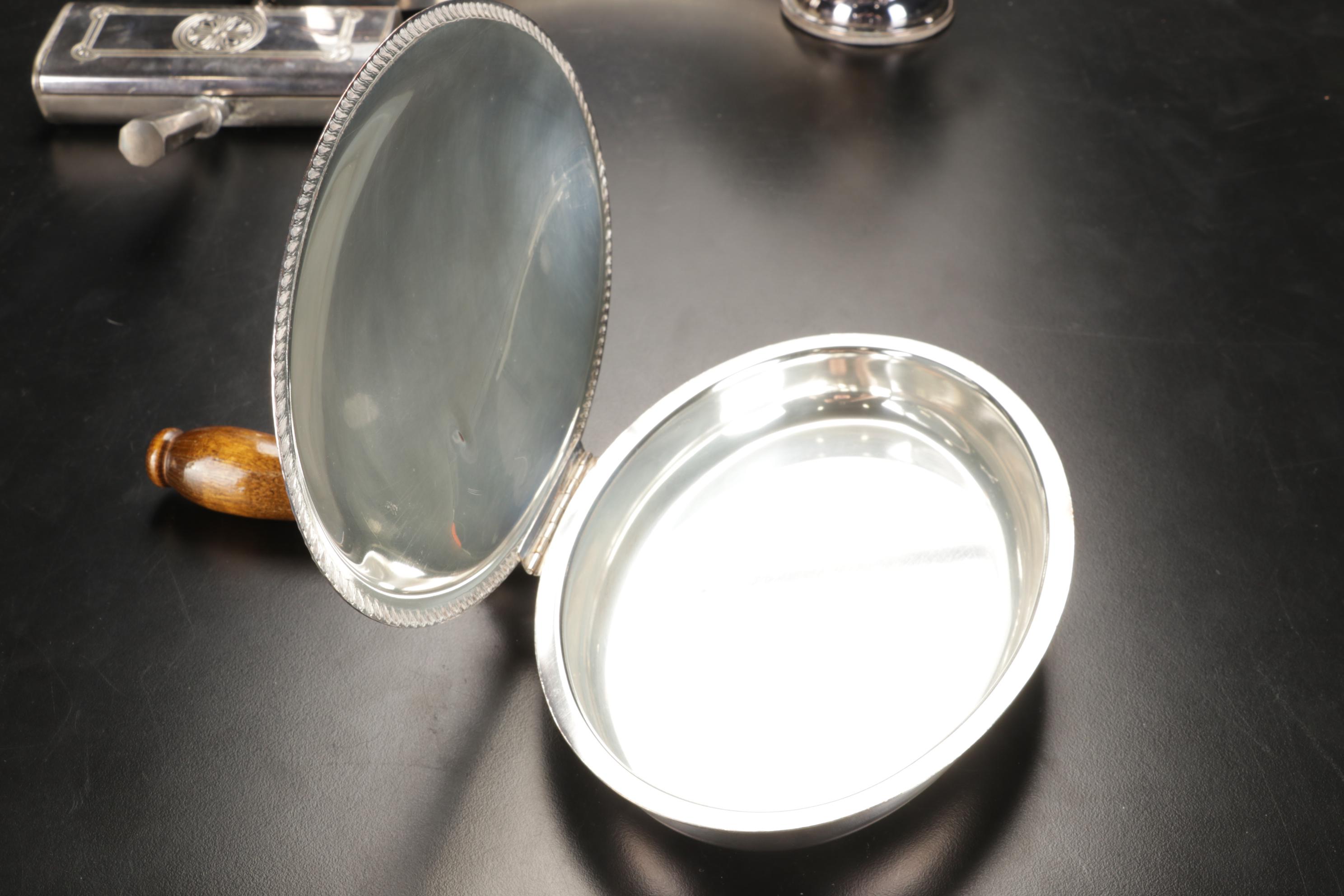 Silver Plate Biscuit Box, Scuttle Salt Cellar, Silent Butlers, and More