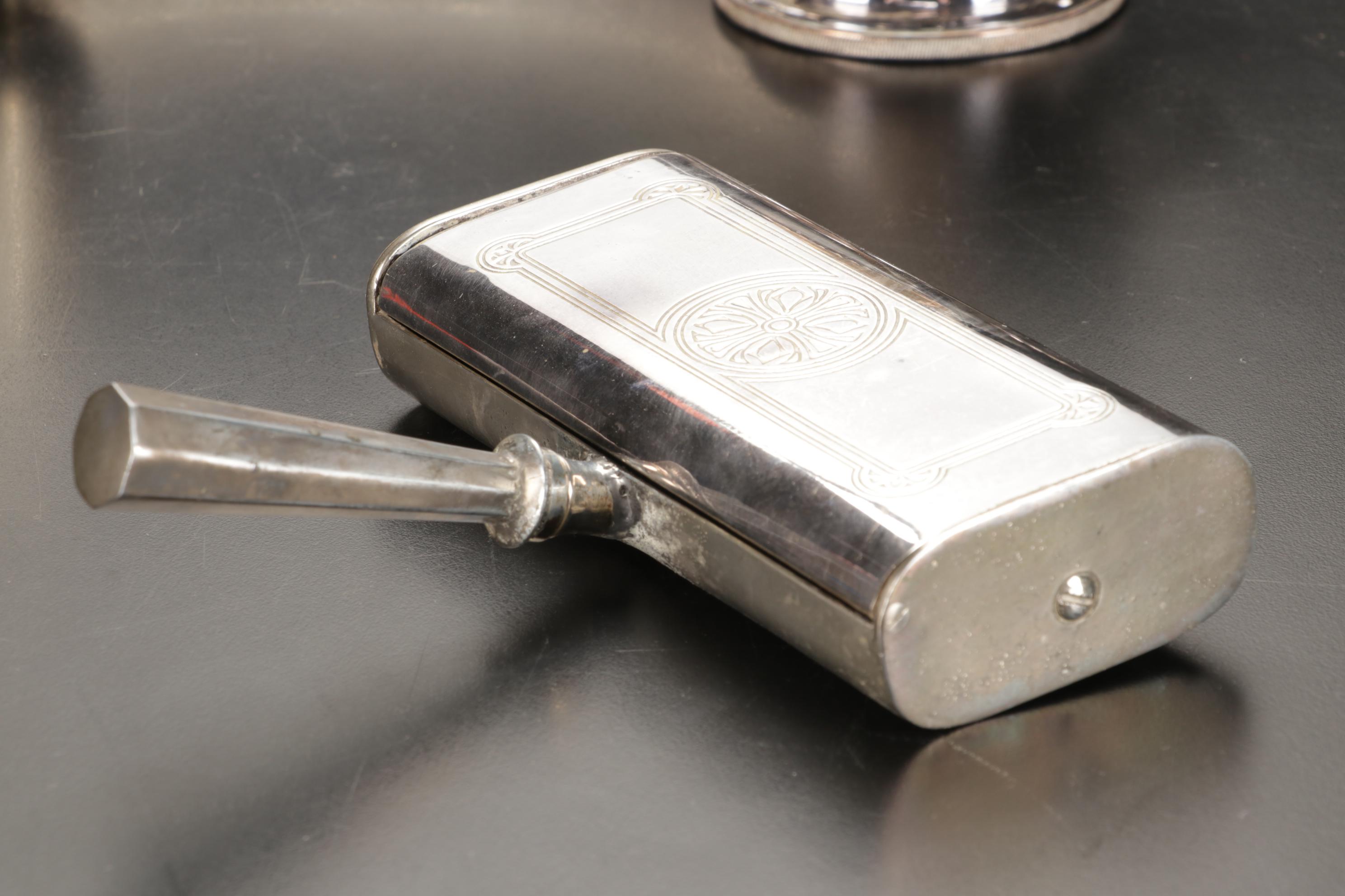 Silver Plate Biscuit Box, Scuttle Salt Cellar, Silent Butlers, and More