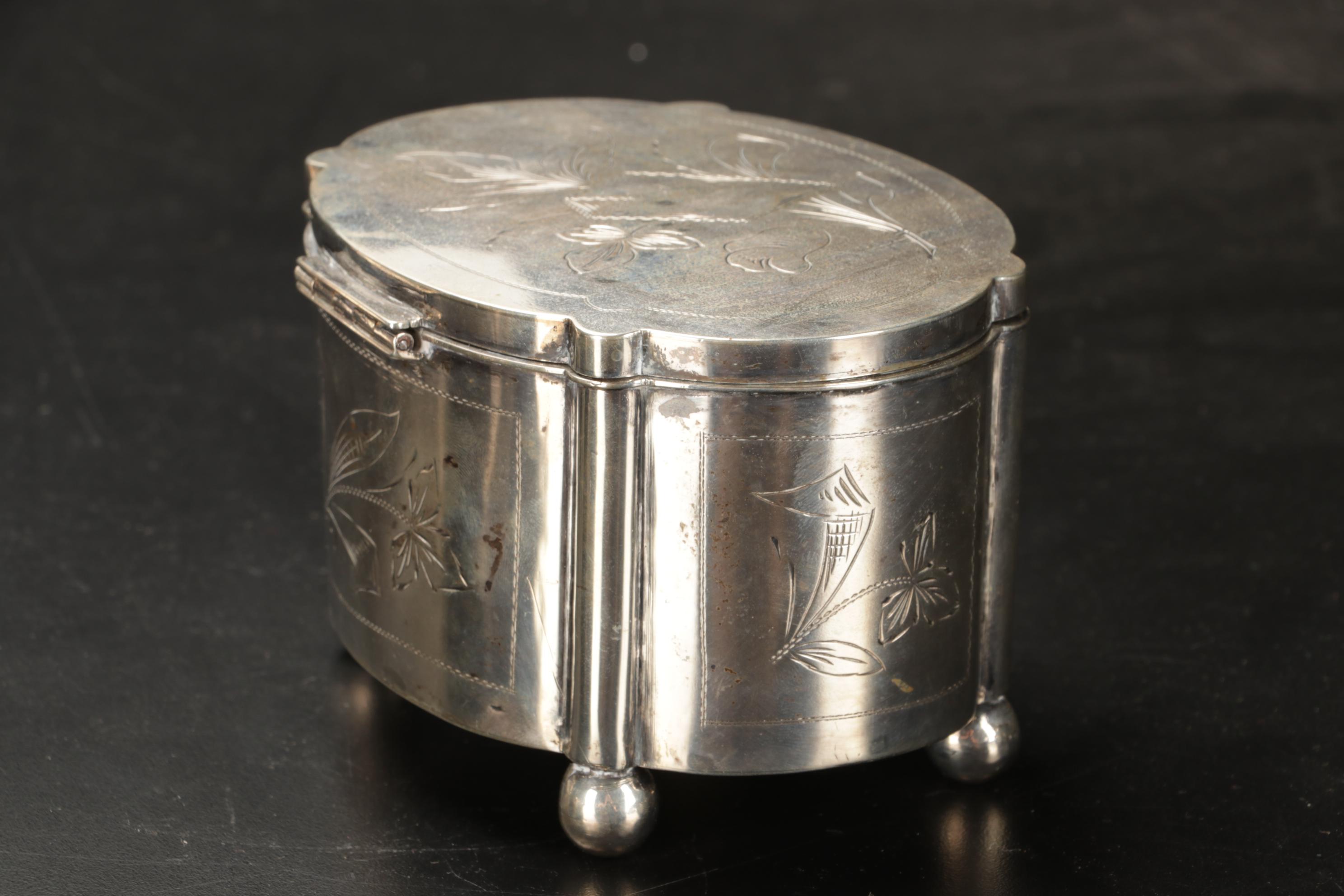 Silver Plate Biscuit Box, Scuttle Salt Cellar, Silent Butlers, and More