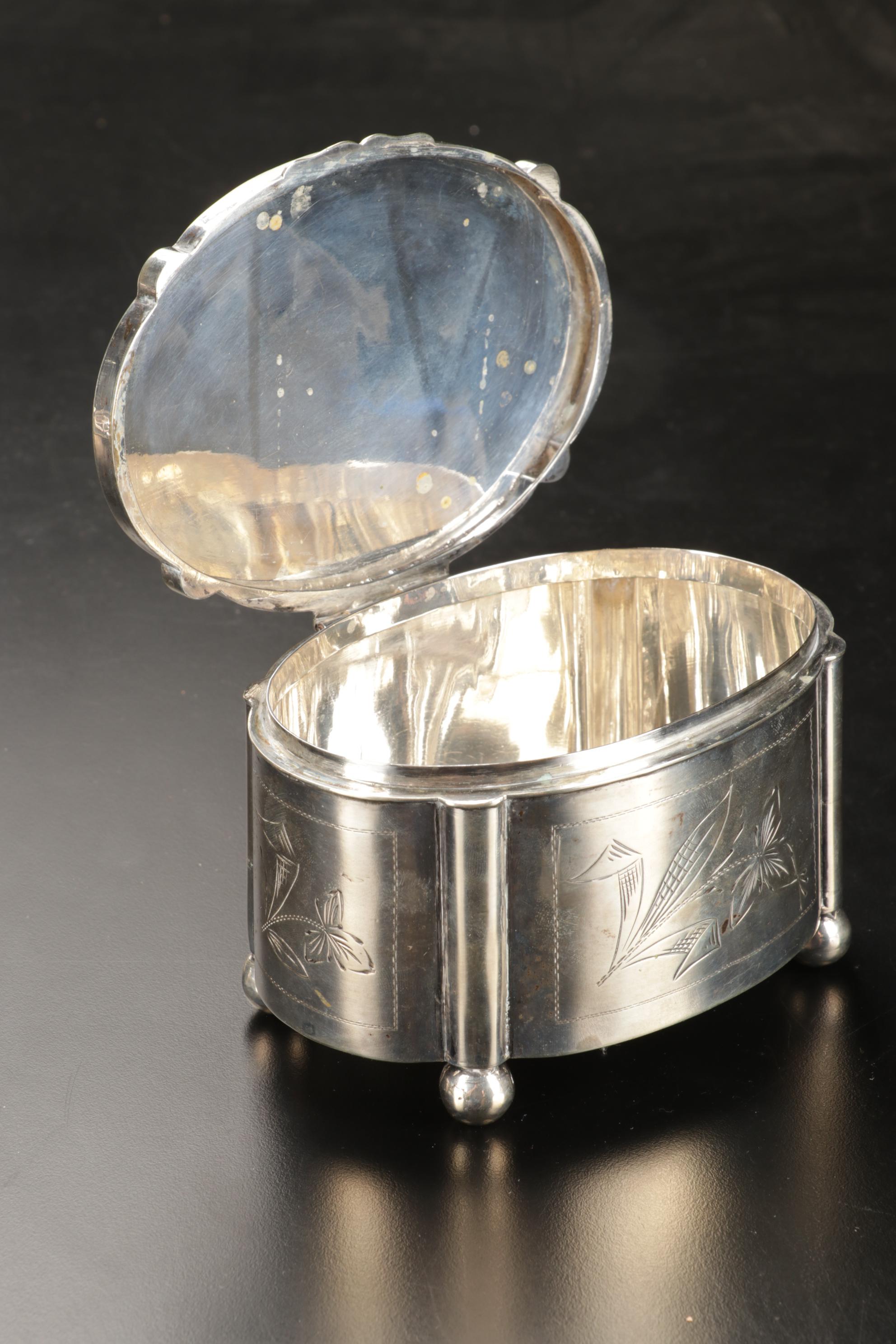 Silver Plate Biscuit Box, Scuttle Salt Cellar, Silent Butlers, and More