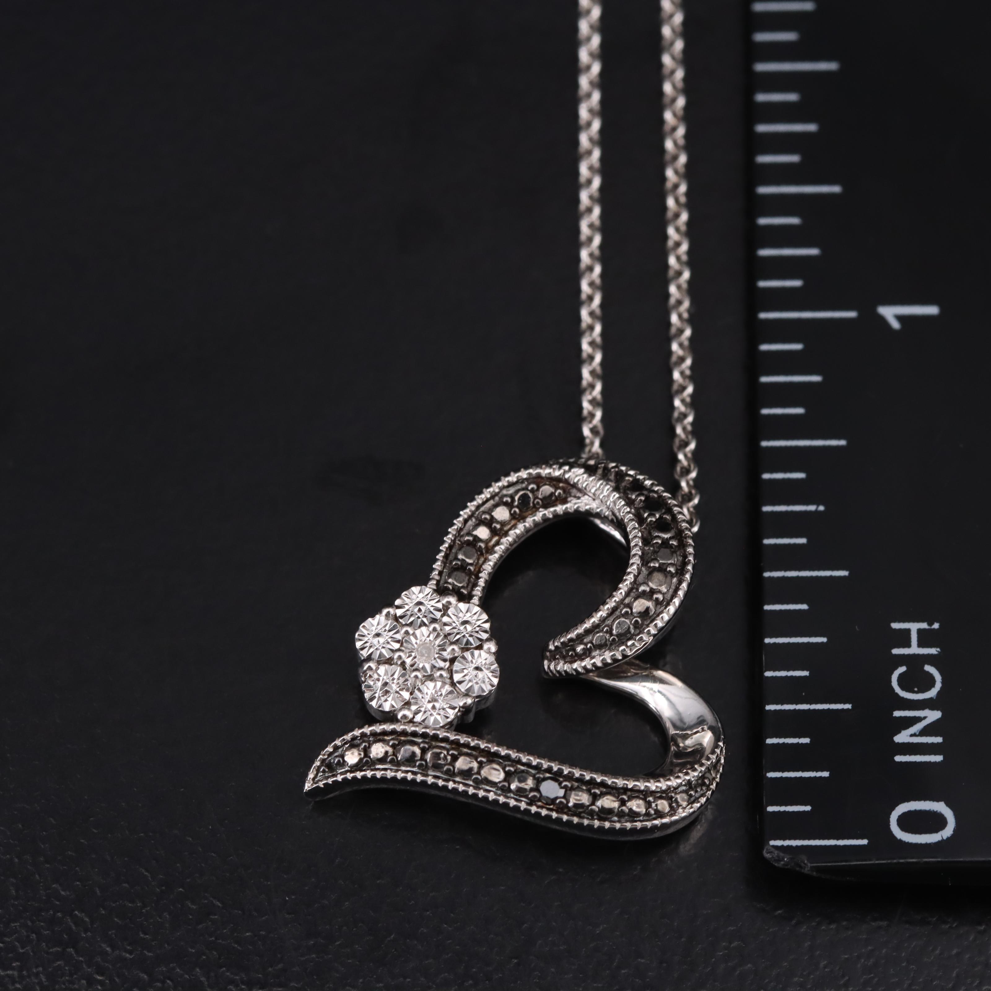 Sterling  Diamond Heart and Flower Pendant Necklace