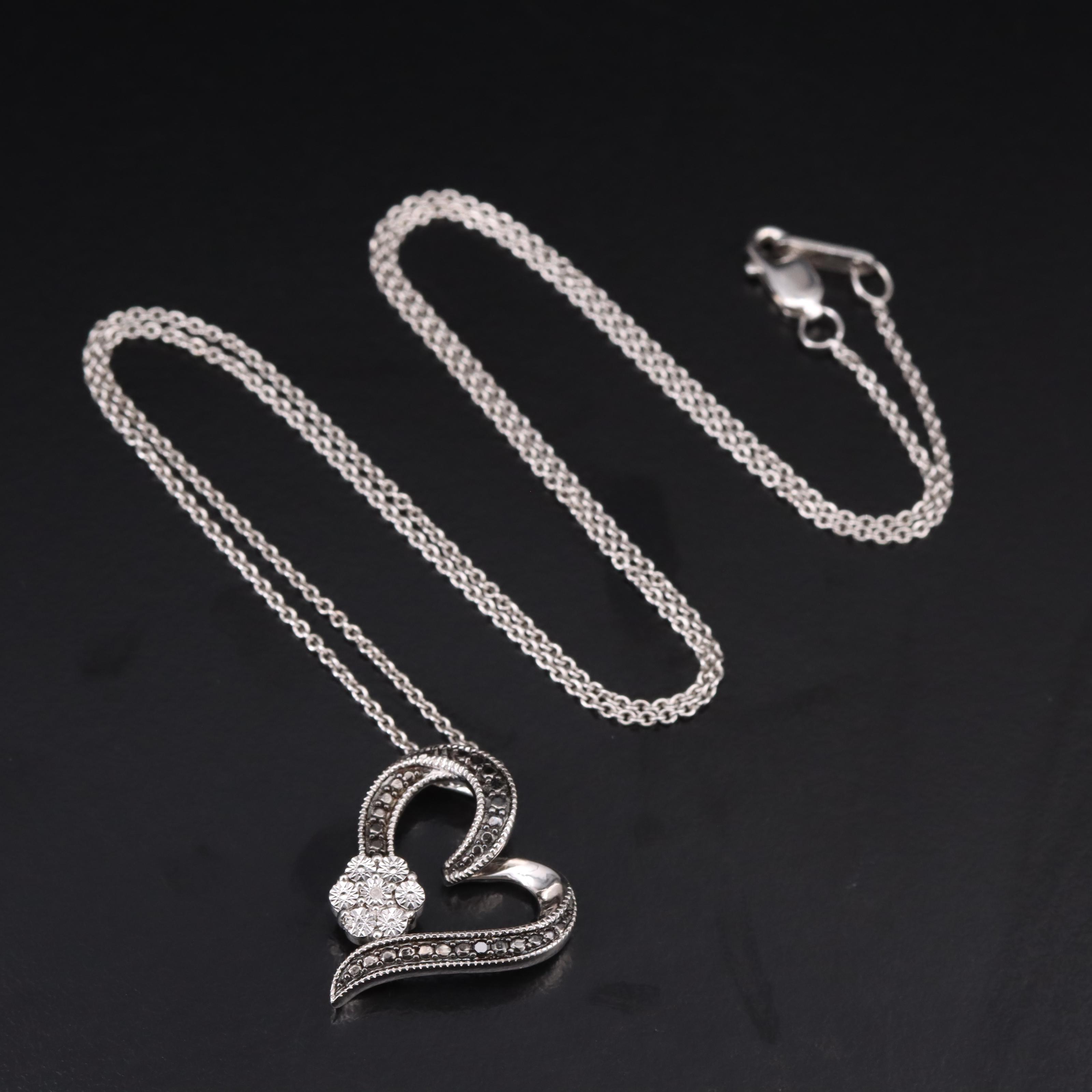 Sterling  Diamond Heart and Flower Pendant Necklace