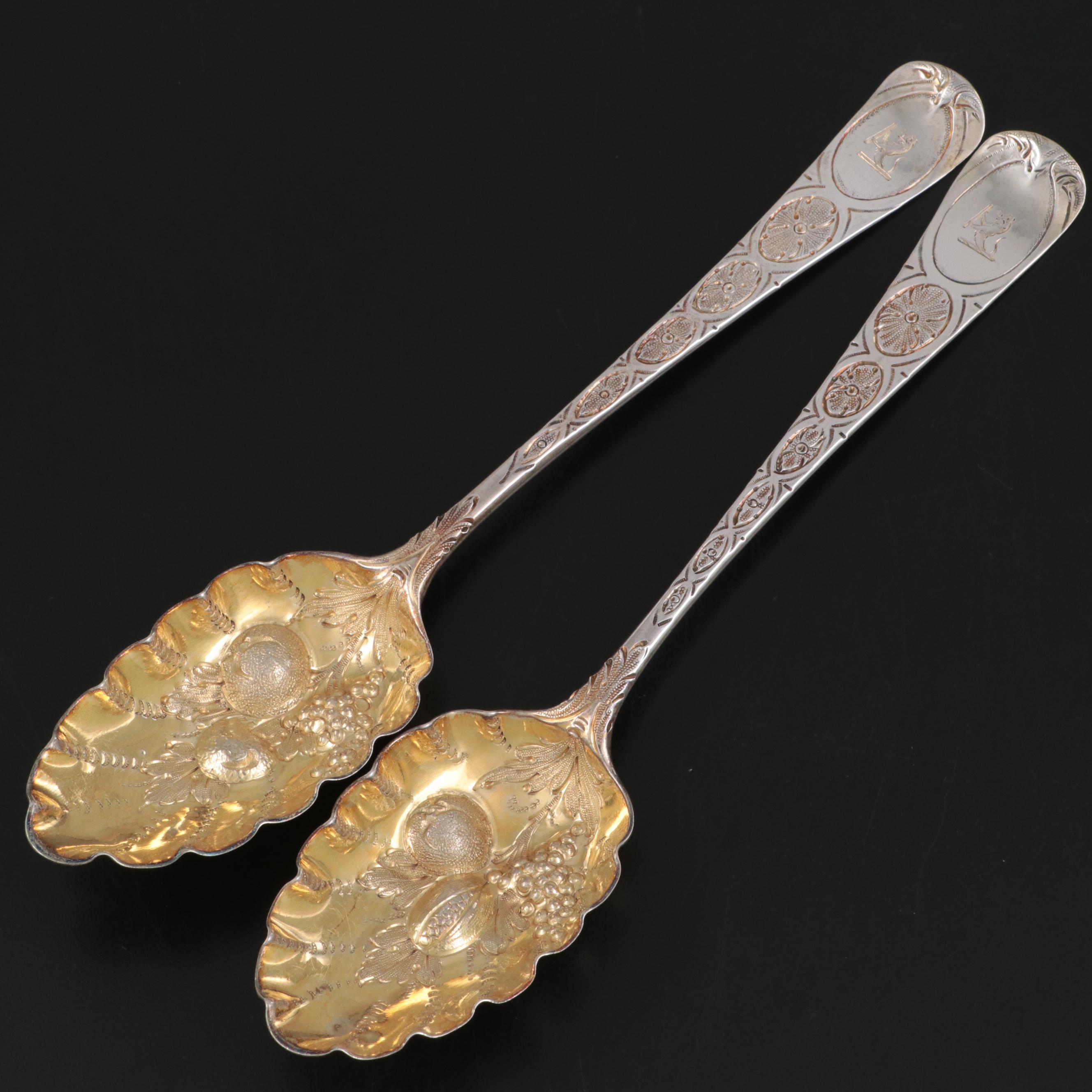 English Sterling Silver Berry Spoons, 1782 with Godinger Silver Plate Spoons