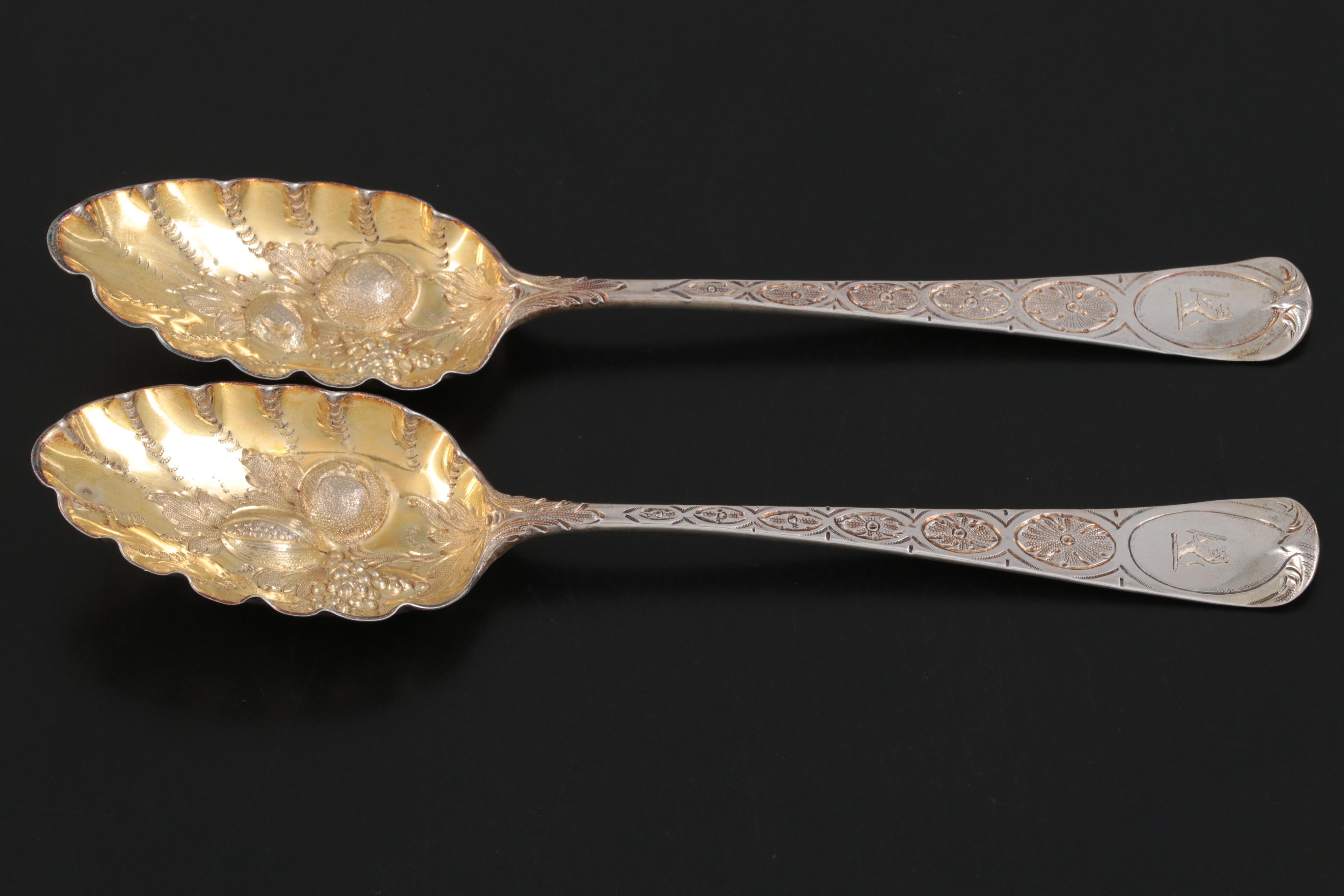 English Sterling Silver Berry Spoons, 1782 with Godinger Silver Plate Spoons