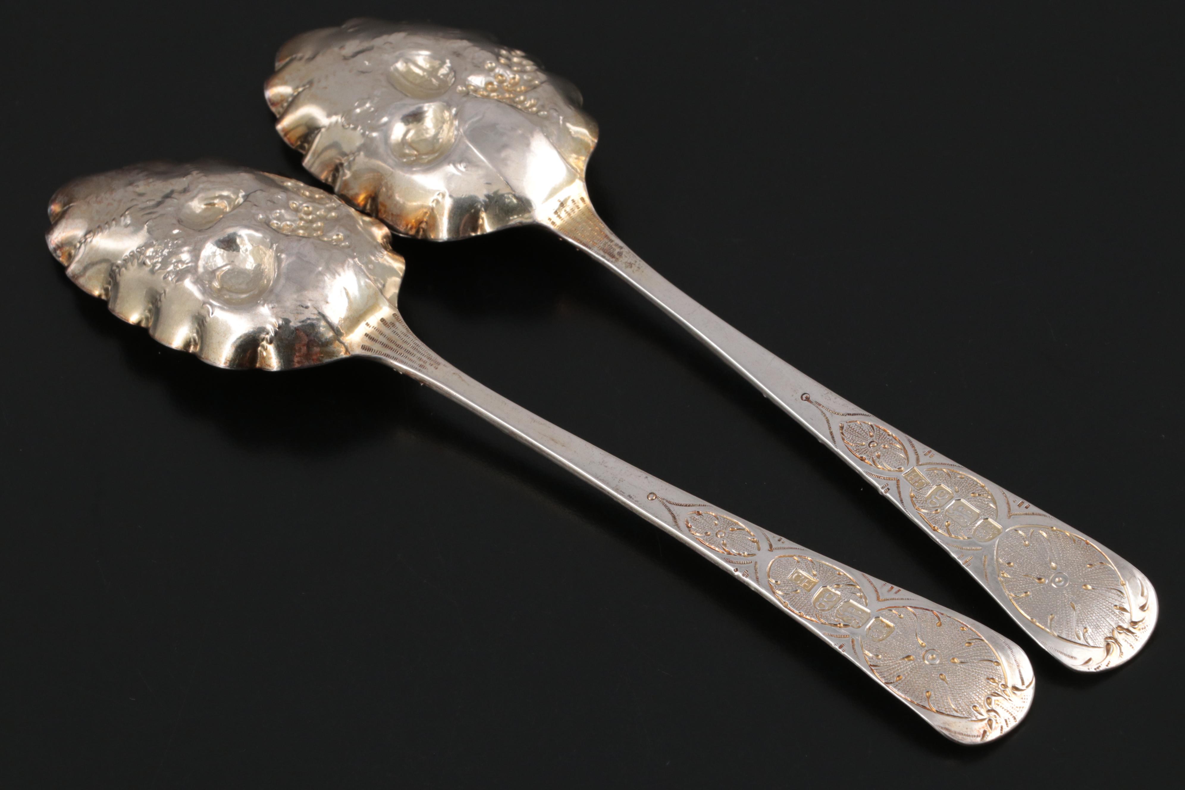 English Sterling Silver Berry Spoons, 1782 with Godinger Silver Plate Spoons