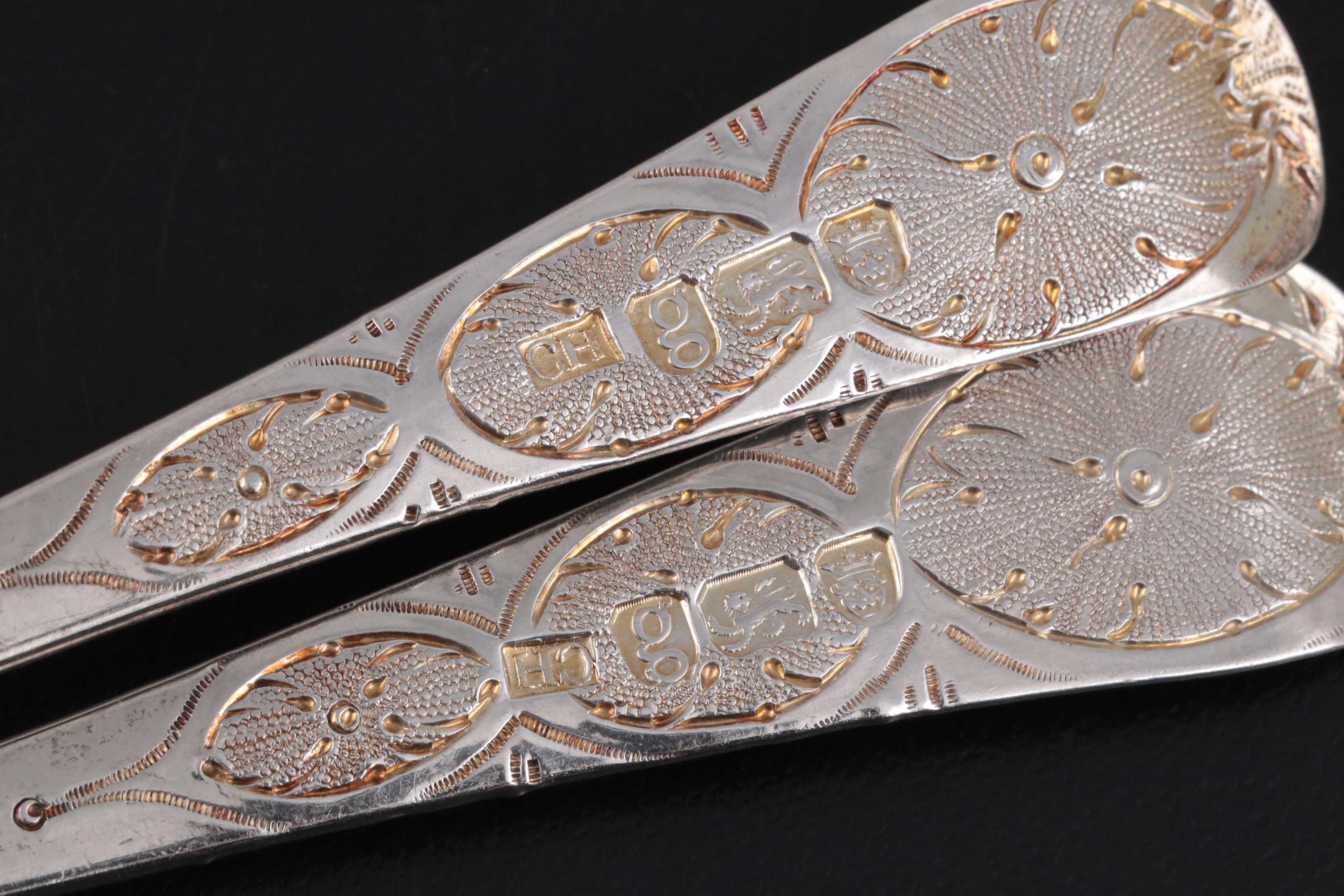 English Sterling Silver Berry Spoons, 1782 with Godinger Silver Plate Spoons