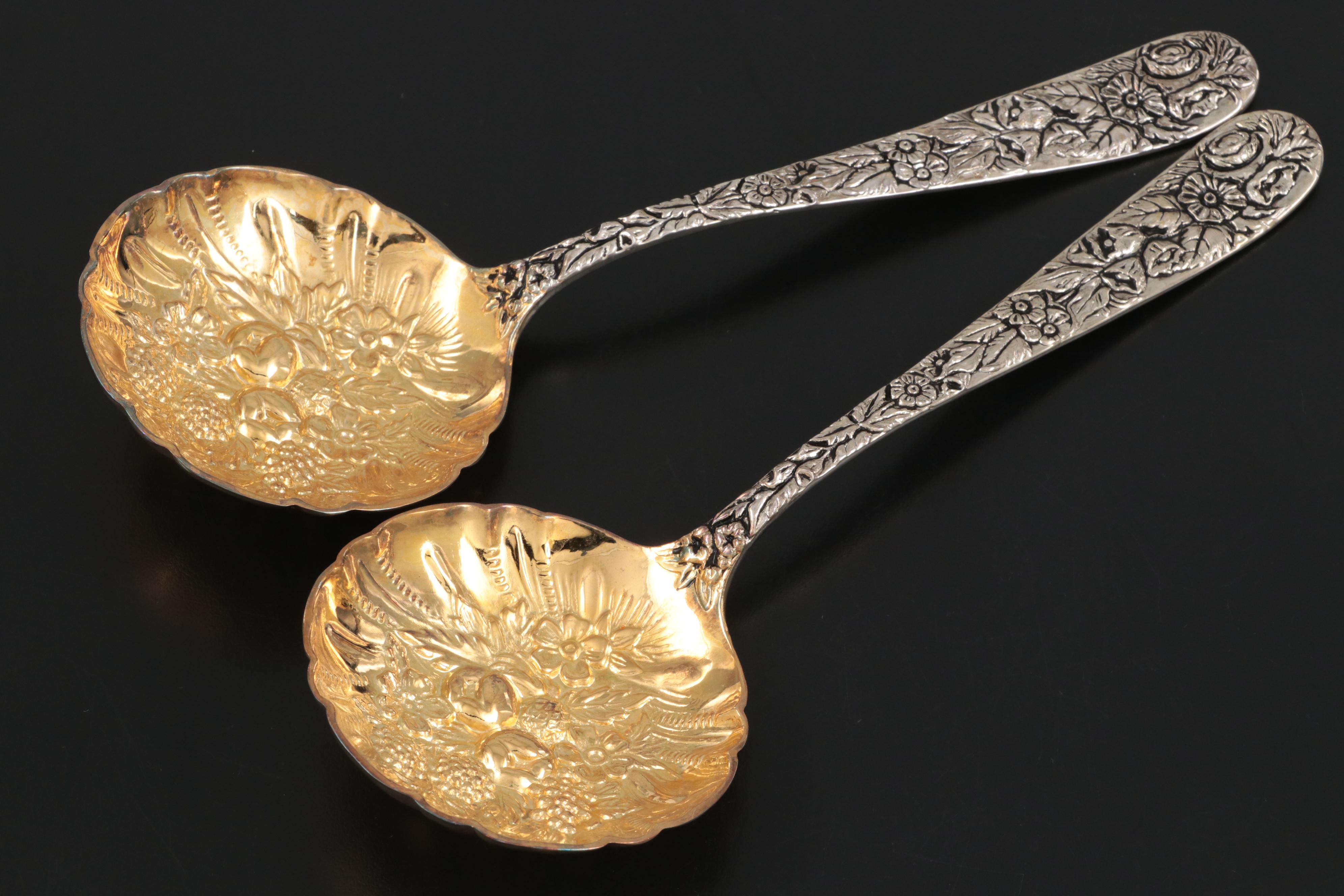 English Sterling Silver Berry Spoons, 1782 with Godinger Silver Plate Spoons