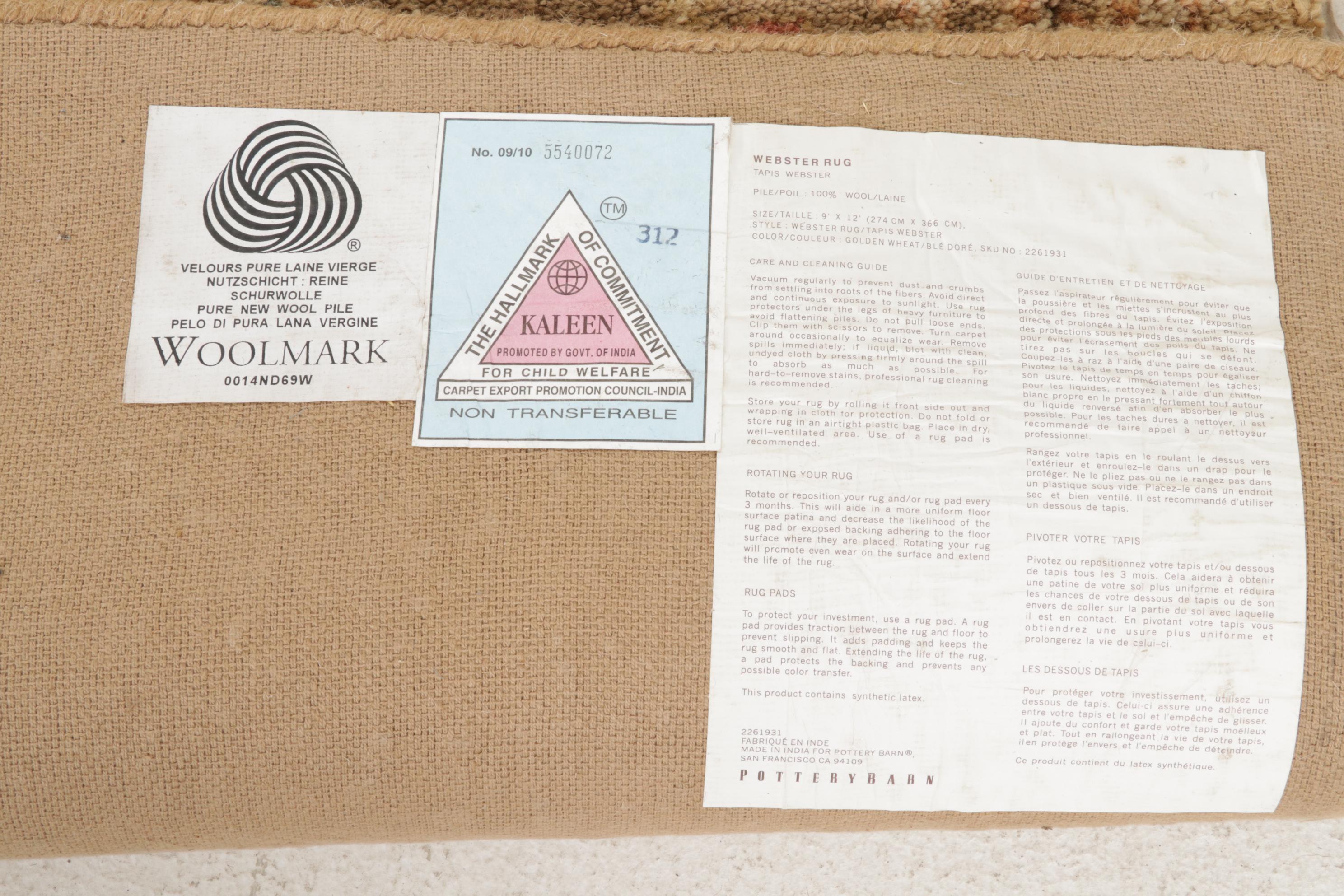 9' x 12' Pottery Barn "Webster" Golden Wheat Indian Wool Area Rug