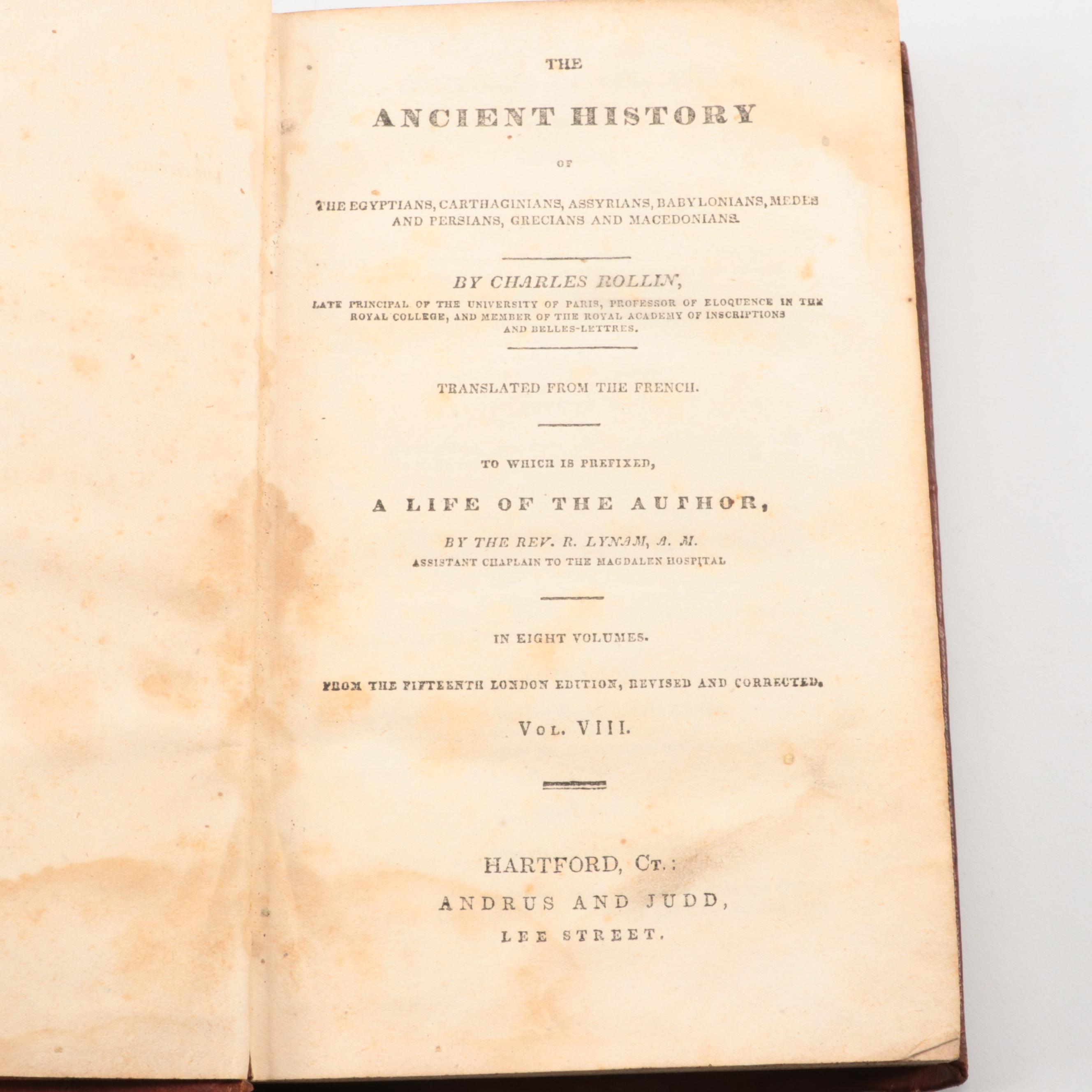 "The Ancient History" Eight-Volume Set by Charles Rollin, Early/Mid-19th Century