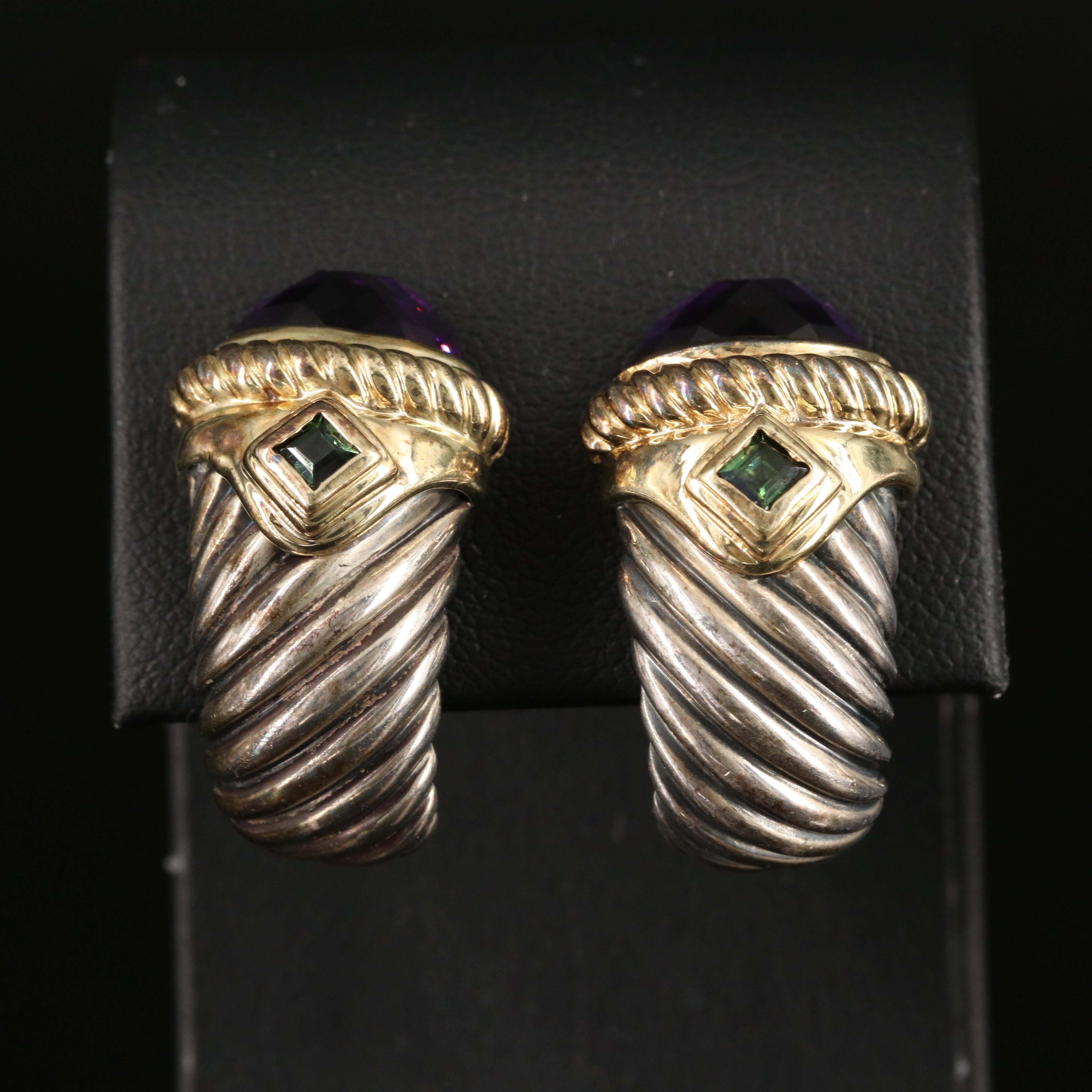 David Yurman "Renaissance" Sterling and 14K Amethyst and Tourmaline Earrings