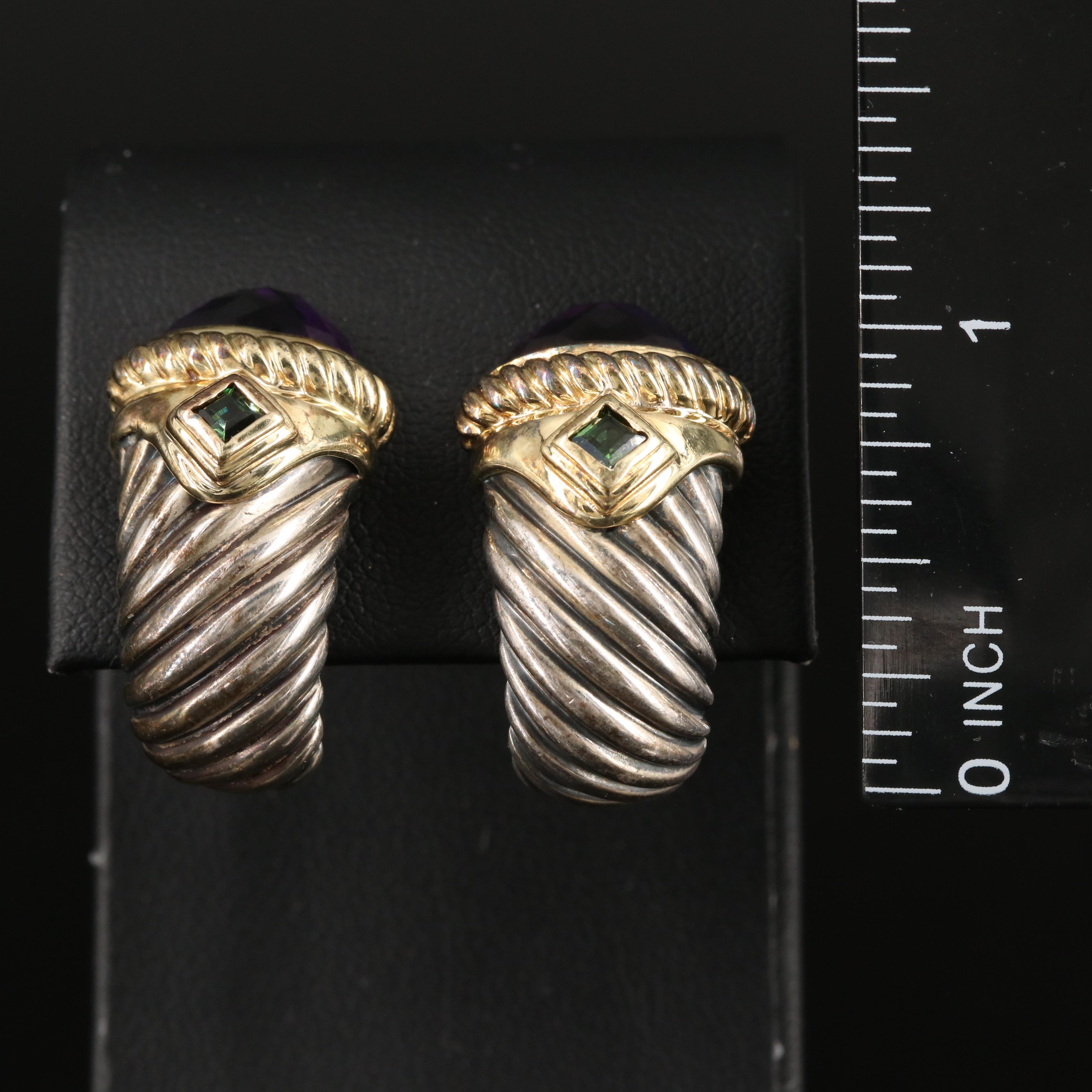 David Yurman "Renaissance" Sterling and 14K Amethyst and Tourmaline Earrings