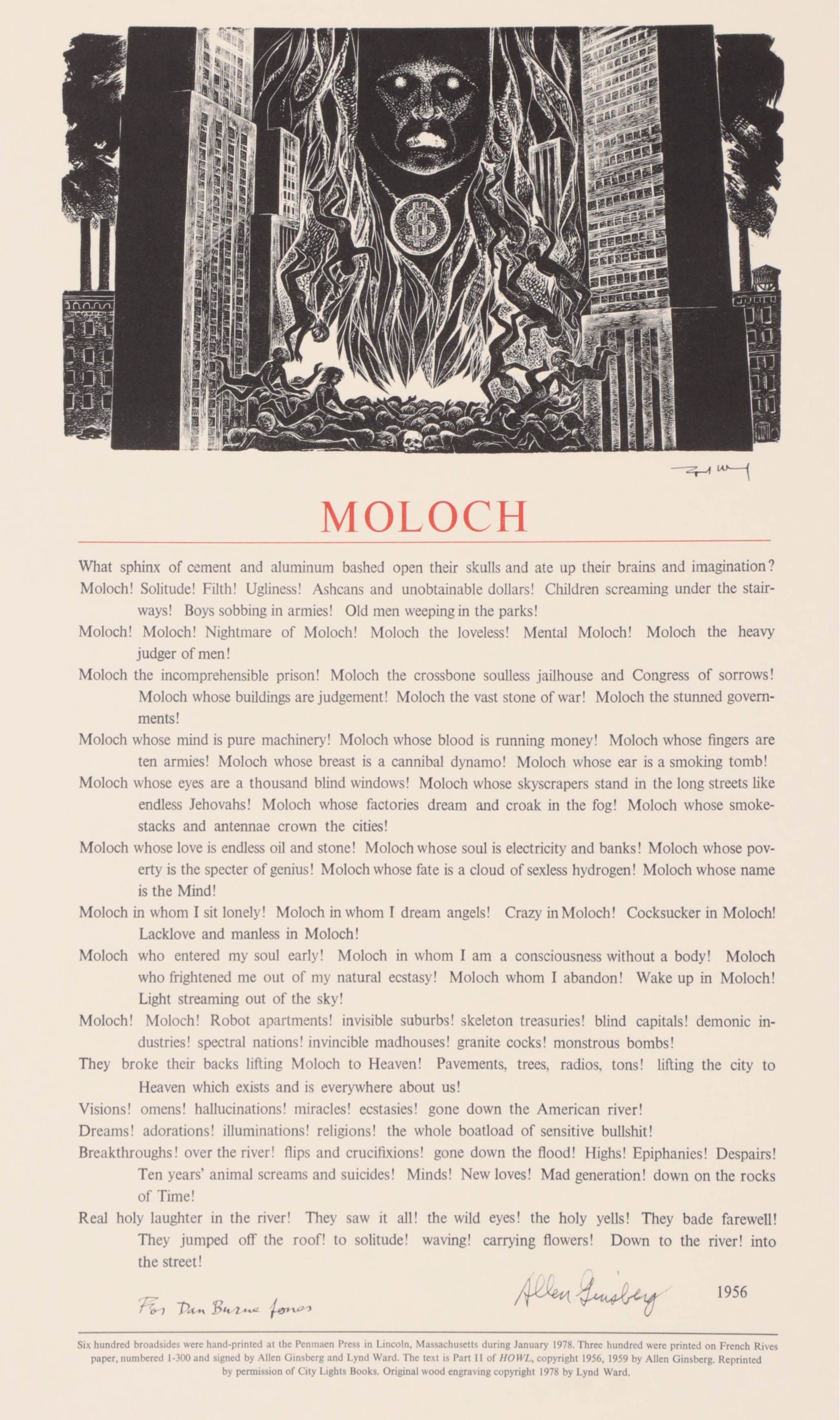 Lynd Ward Wood Engraving "Moloch," Signed by Allen Ginsberg