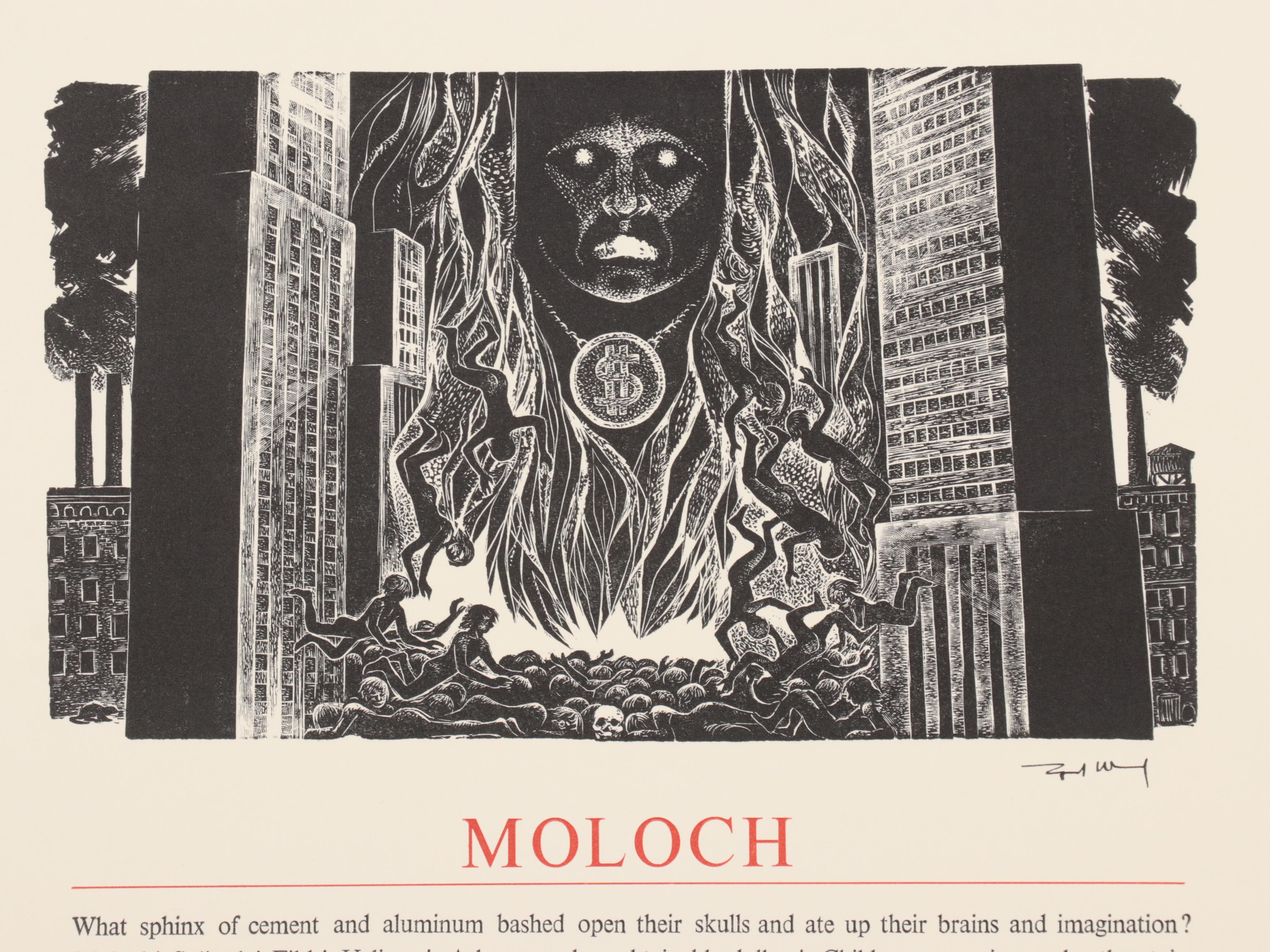 Lynd Ward Wood Engraving "Moloch," Signed by Allen Ginsberg